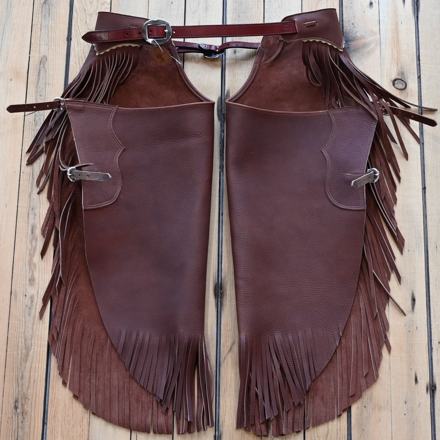 View of K Bar J Chinks with Buckles and Chap Leather Top in Size Large