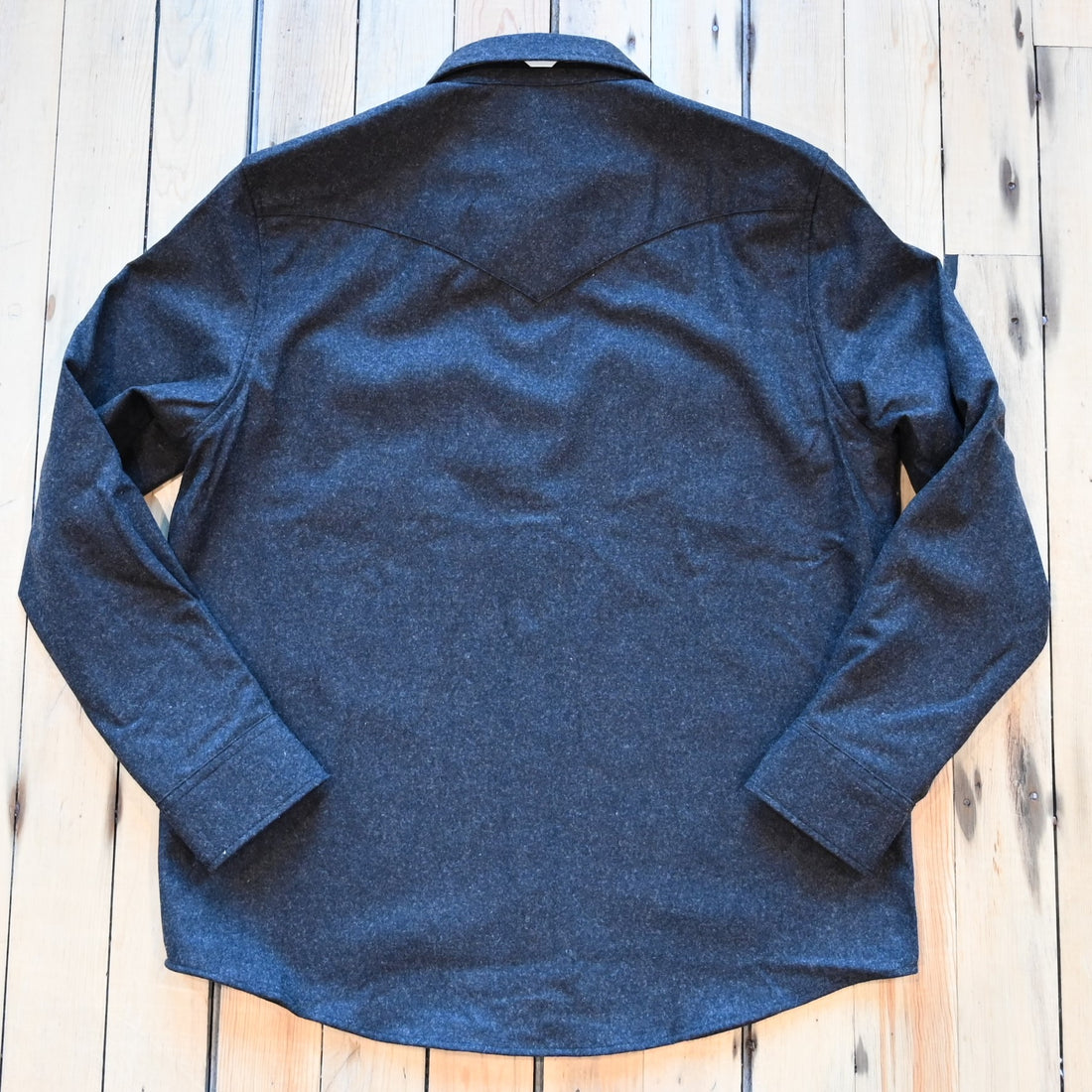 View of Pendleton men’s Canyon shirt in black and brown wool mix with snap front and Western details