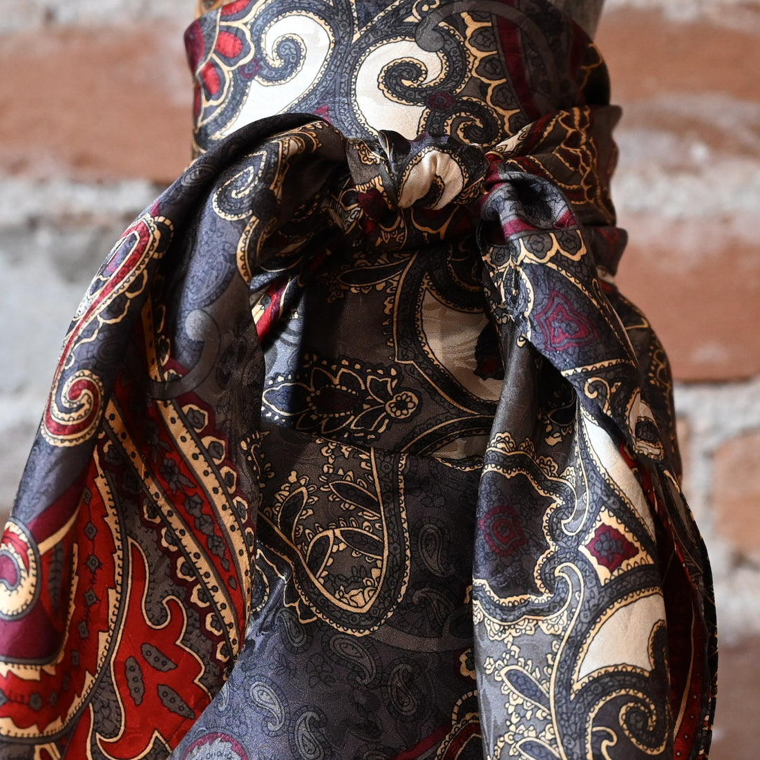 Schaefer cocoa and burgundy paisley silk wild rag 35x35 with hand-rolled edges