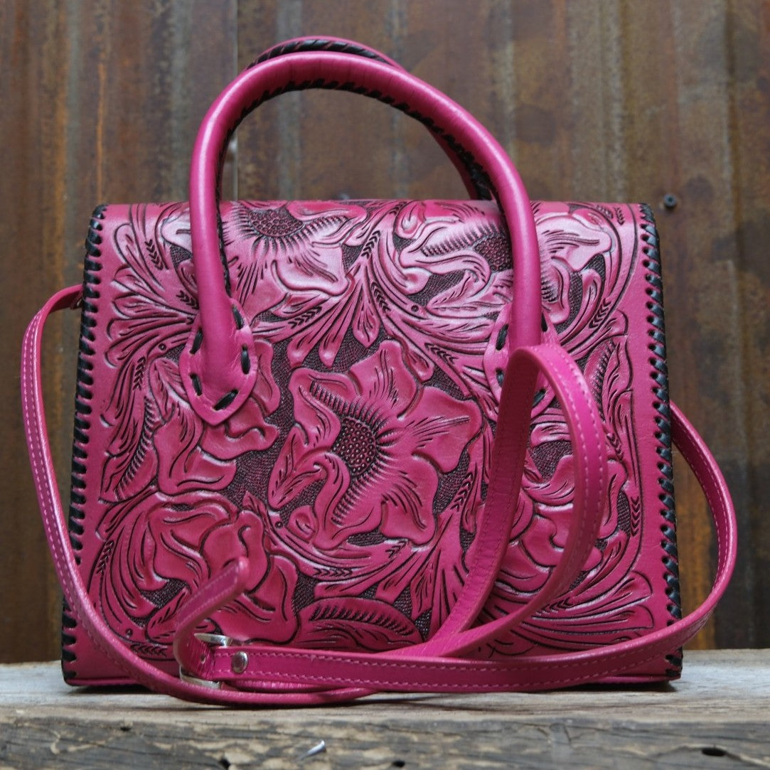Que Chula fuchsia tooled leather purse with floral Western tooling and top handles