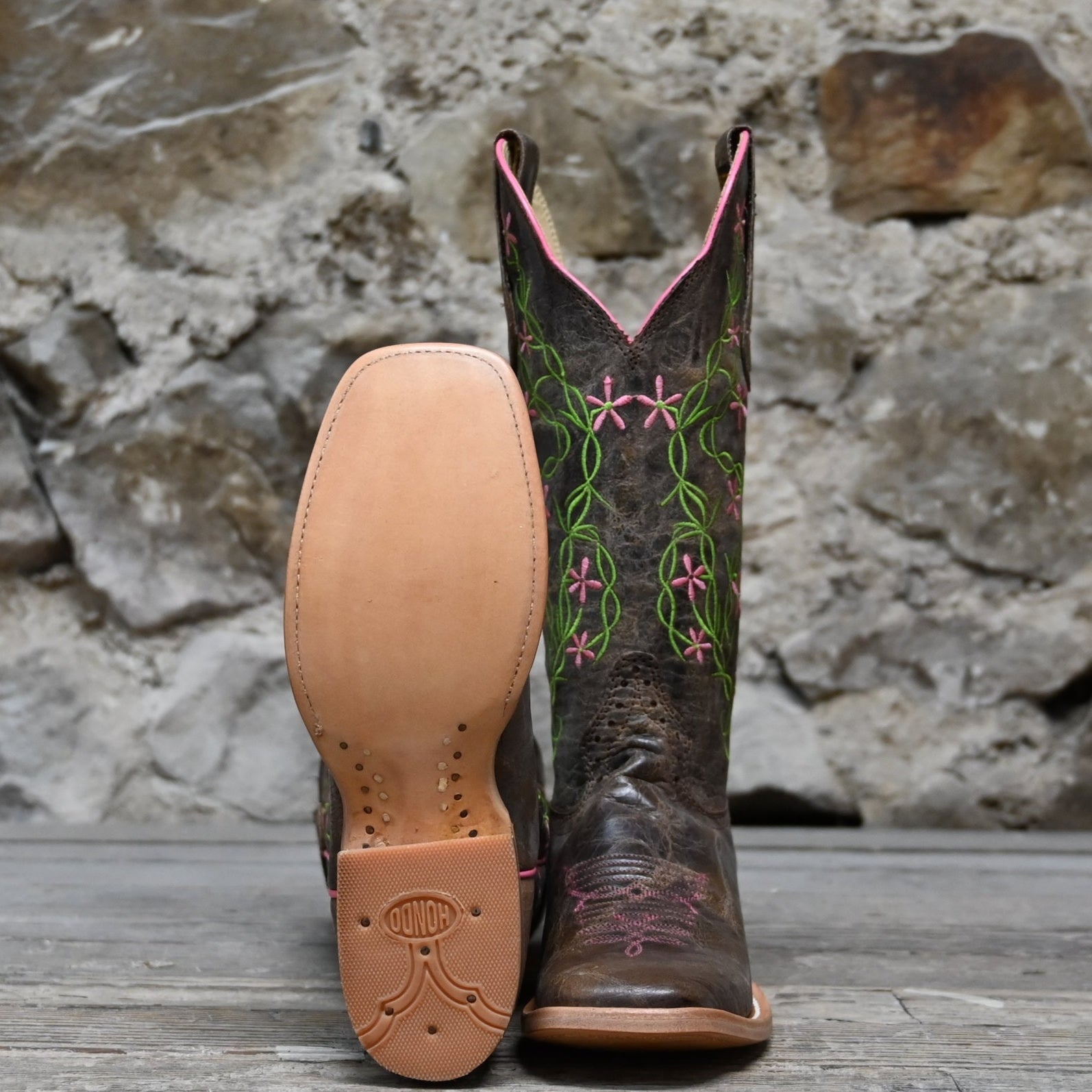 View of Hondo 13" cowboy boot in brown crater leather with wide square toe and classic Western stitching