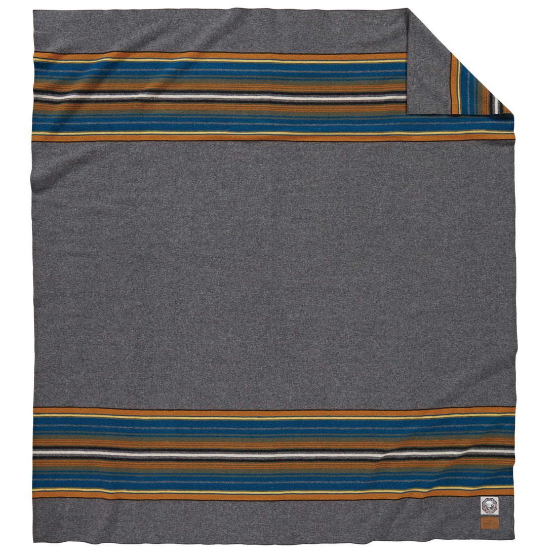 View of Pendleton Olympic Grey National Park Blanket (full size) with heather tones and park stripes