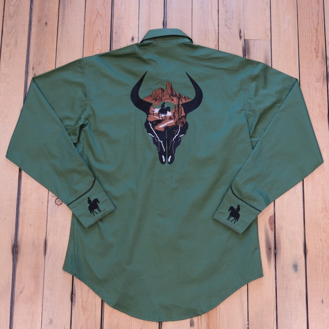 Rockmount Men’s Green Bison Skull & Rider Embroidered Western Shirt