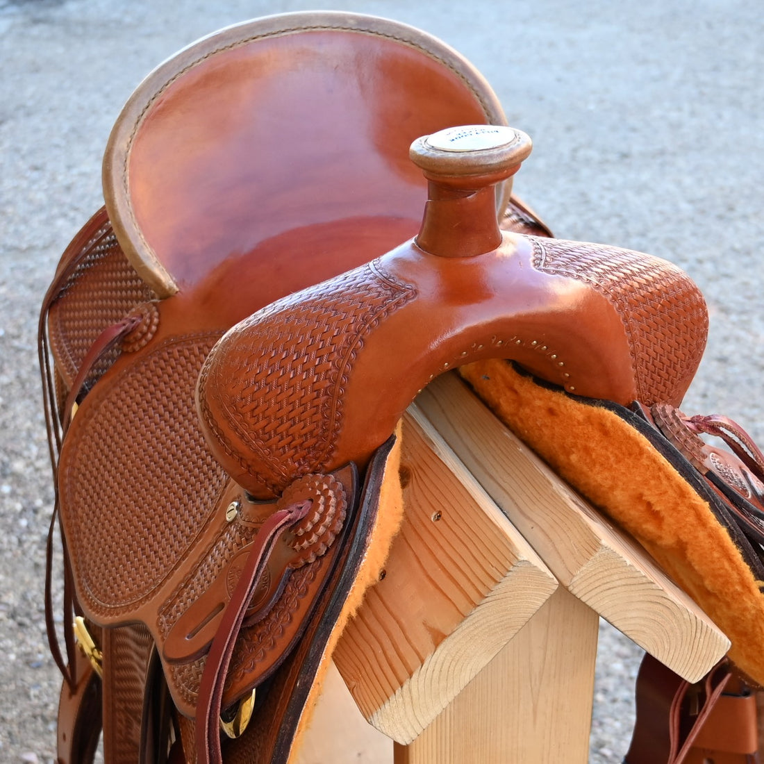 View of Billy Cook 15½" High Country Rancher Saddle in Chestnut with hand-stamped basket tooling