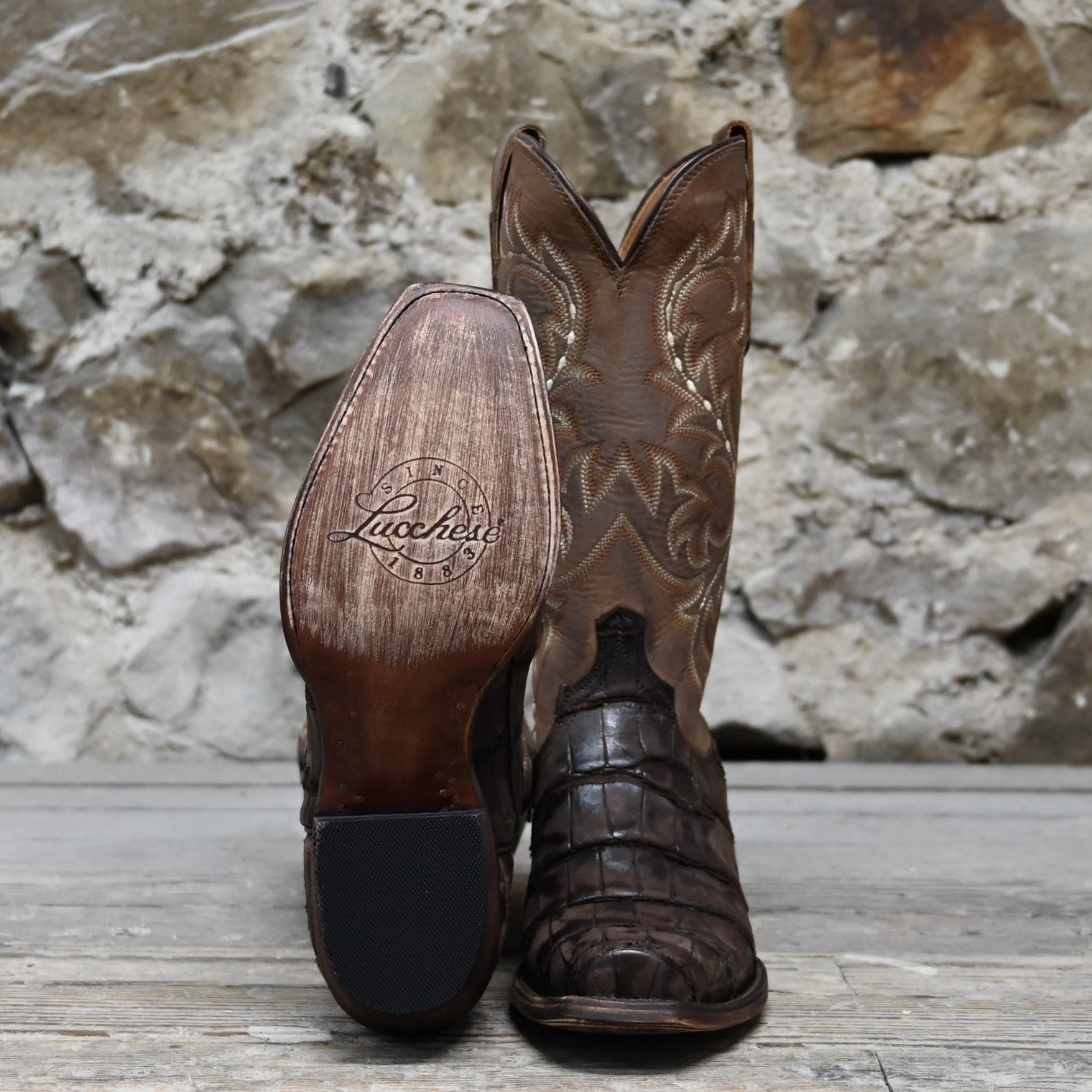 Lucchese Men’s 13-inch giant alligator leather boot in distressed chocolate with square toe and Western heel