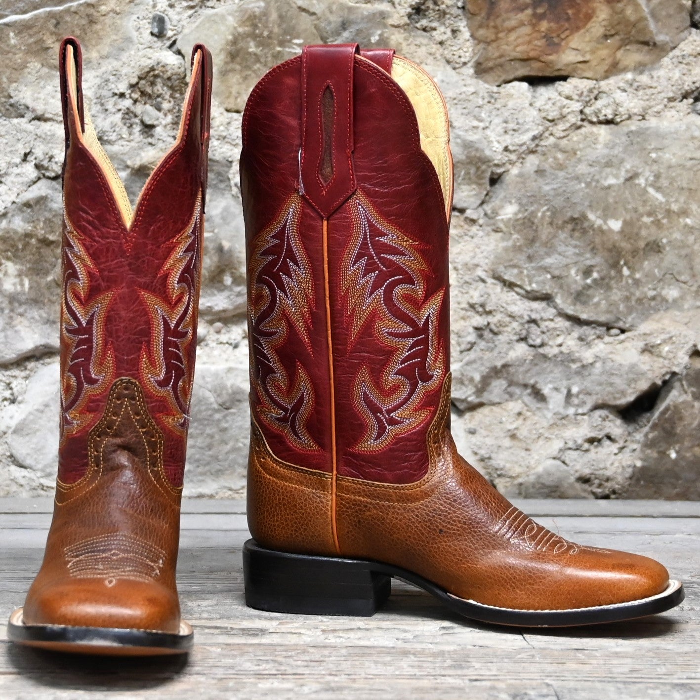 View of Hondo 13" cowboy boot with red volcano top, rust oil tan vamp, and wide square toe