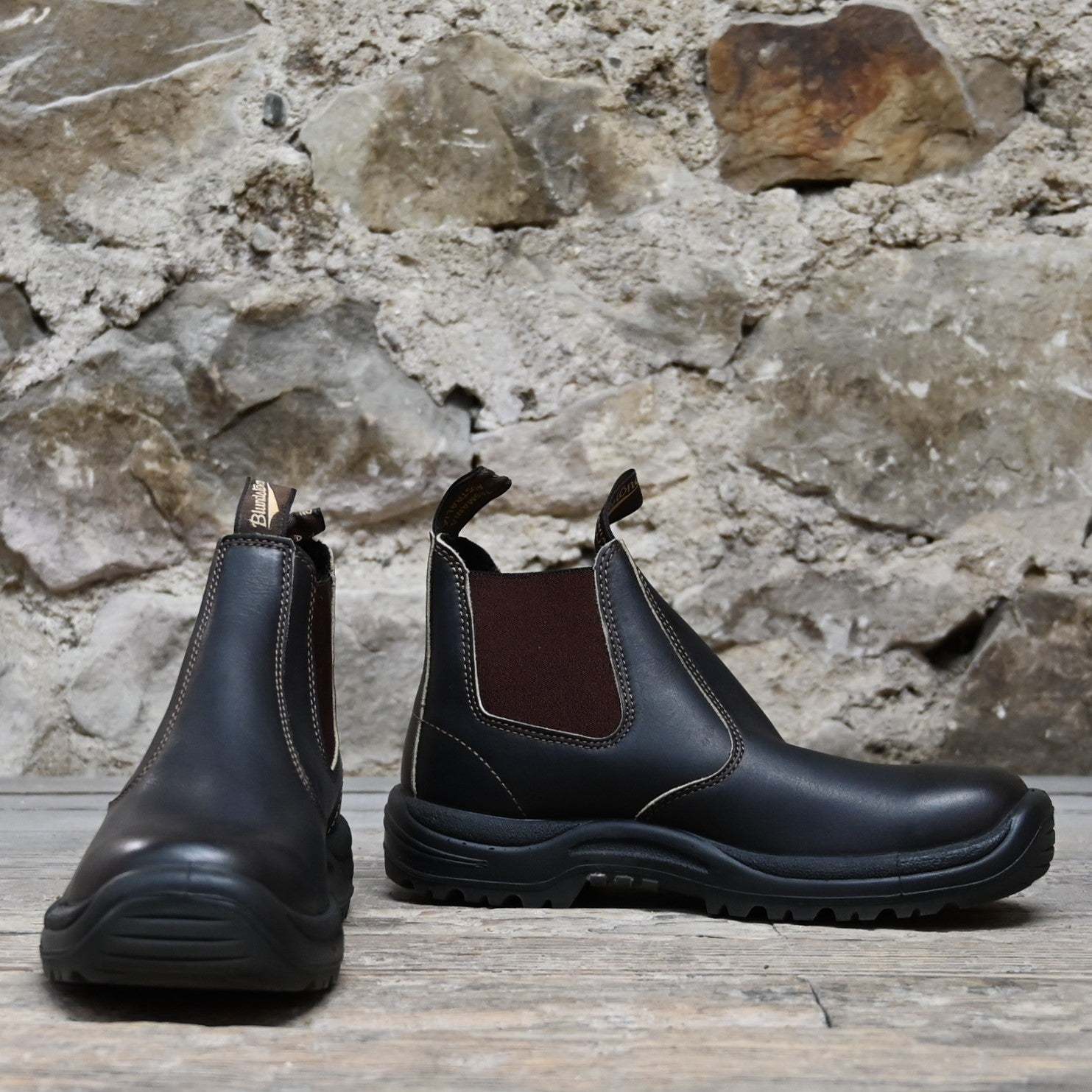 Blundstone slip-on work boot in brown oiled leather with steel toe and safety-rated outsole