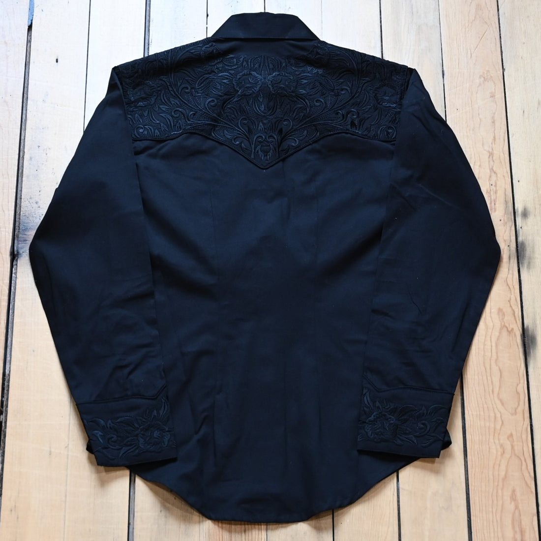 Rockmount ladies black on black Western shirt with vintage tooling embroidery and snap buttons
