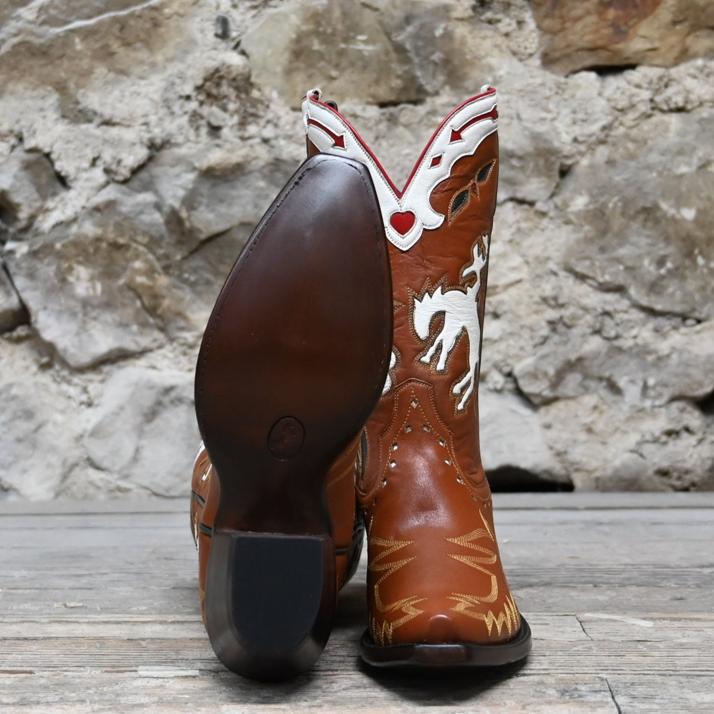 View of Stallion Ladies O.S. "Bronco" boots in cognac calf with bone, red, and green inlays