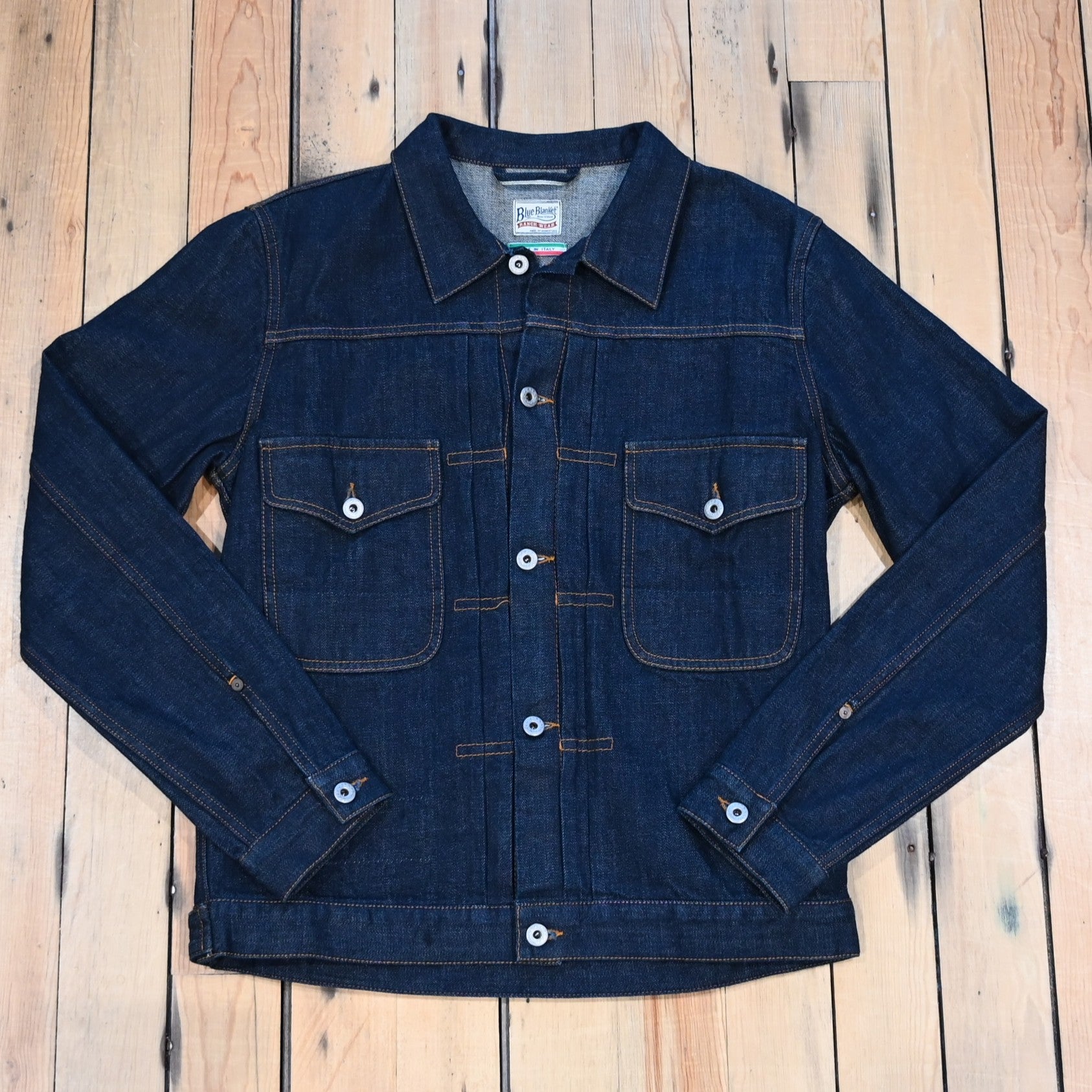 Blue Blanket Denim Jacket in Japanese Indigo with buckle-back cinch and flap pockets