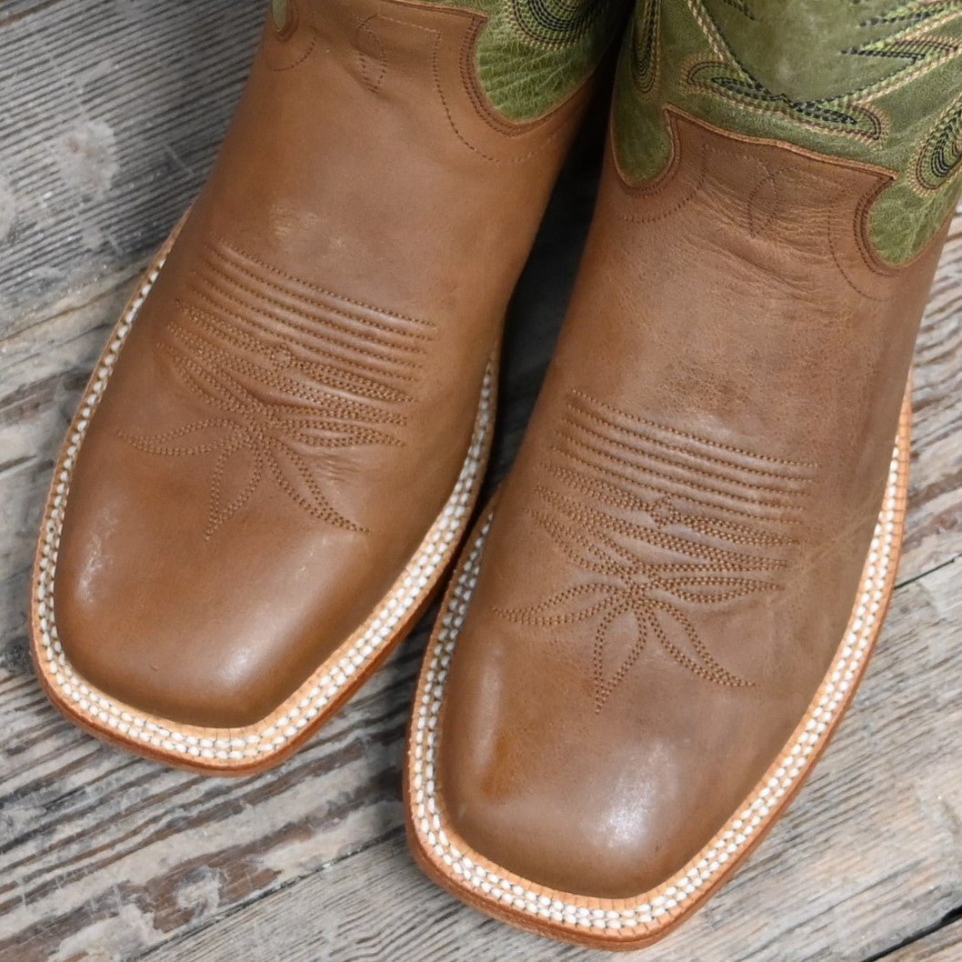 View of Hyer CODELL OLIVE 13" boots showcasing Olive Bravo Goat leather upper and Clay Oilbuck Cowhide vamp with broad square toe and Stockman block heel