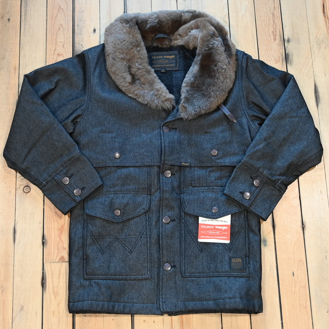 Filson × Wrangler Packer Jacket in black denim, wool-lined with shearling collar