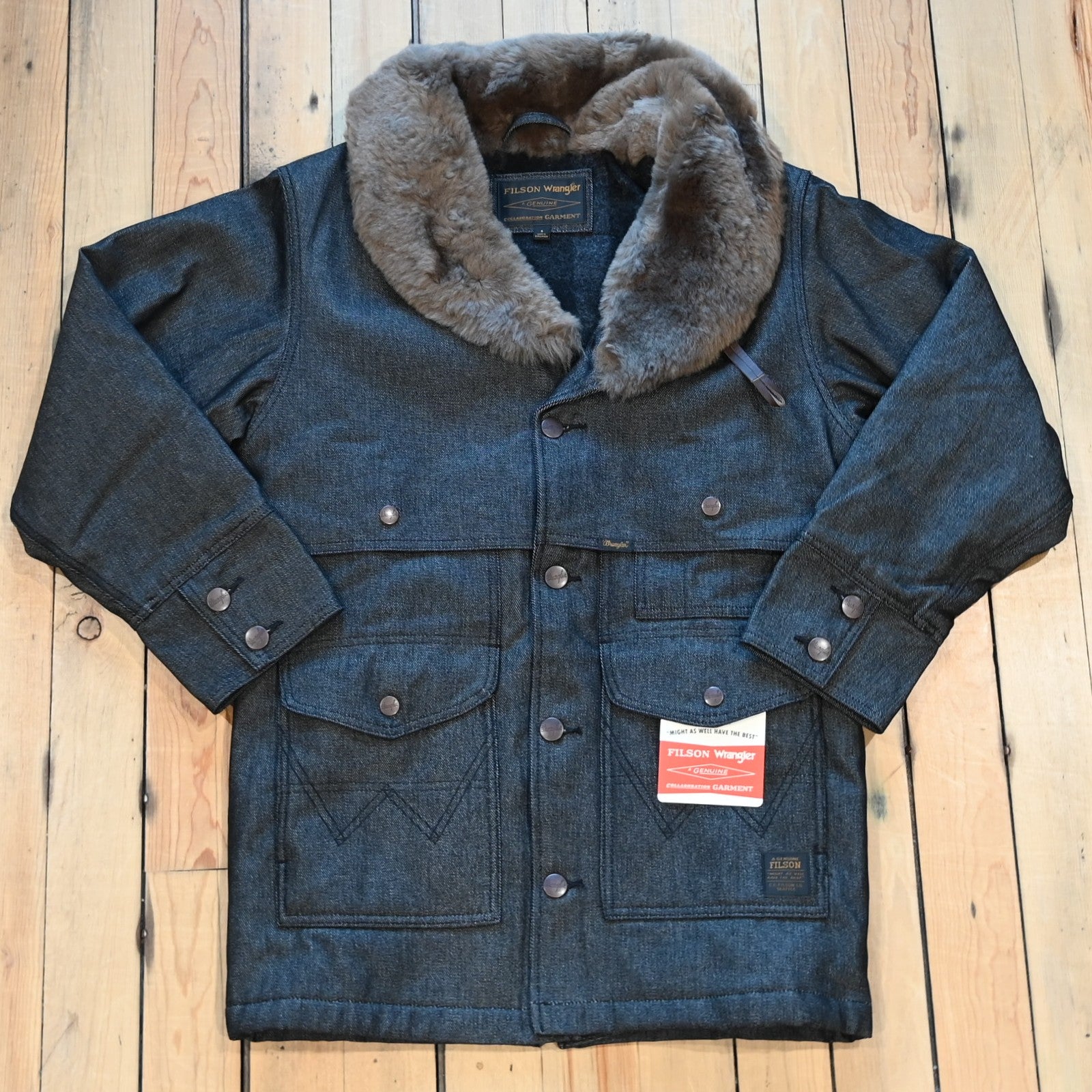 Filson × Wrangler Packer Jacket in black denim, wool-lined with shearling collar