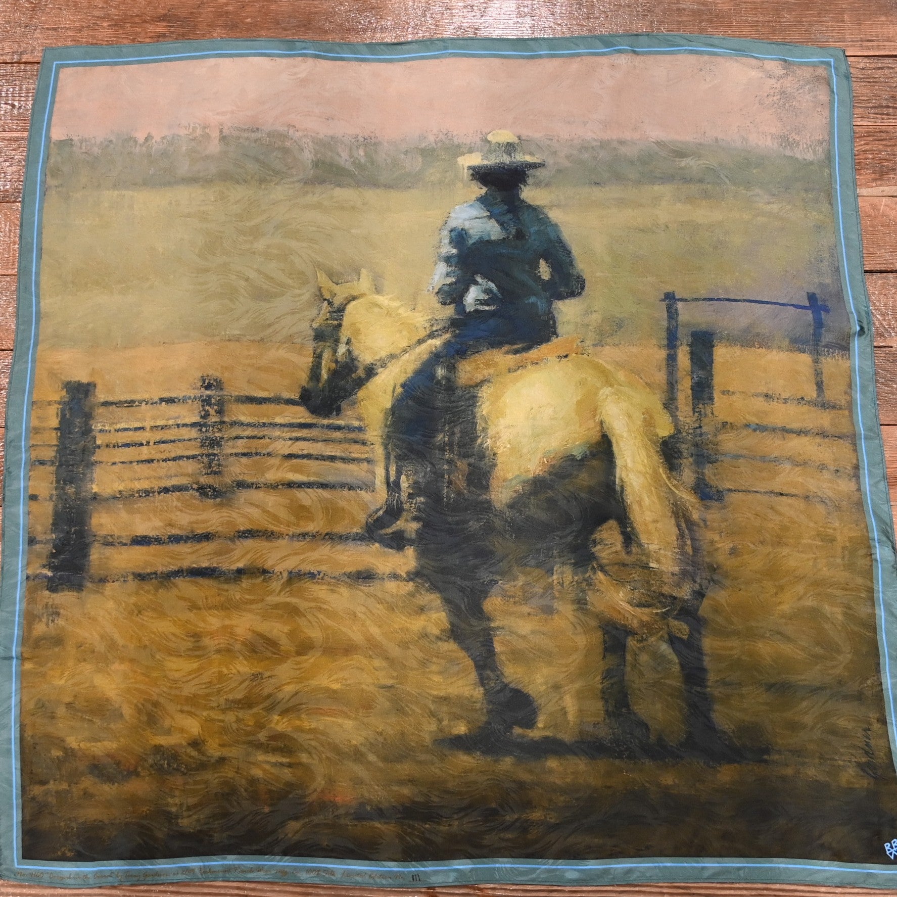 Rockmount Cowgirl in the Corral silk scarf, 36 × 36, Western scene by Terry Gardner
