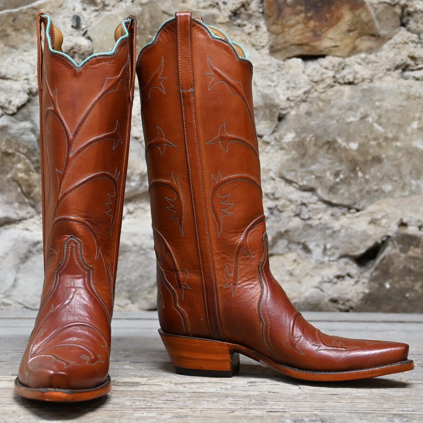 Lucchese Ladies Cleo Boot – Burnished Cognac & Turquoise – Atomic 79