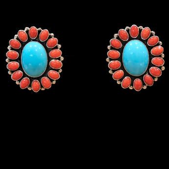 Sunwest Silver Egyptian Prince Turquoise and Coral Cluster Earrings