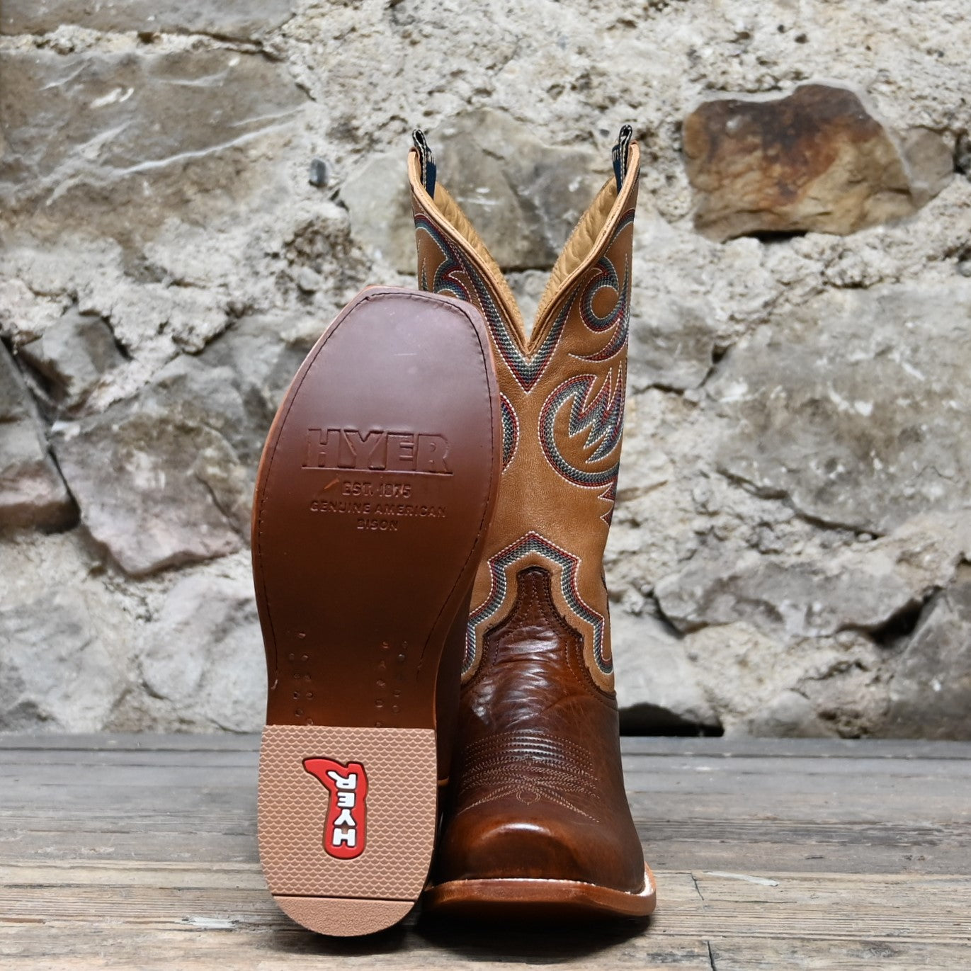 View of Hyer HAYS 13" boots showcasing brown Navaro American Bison vamp and Honey Mestizo cowhide top with Cutter toe and underslung heel
