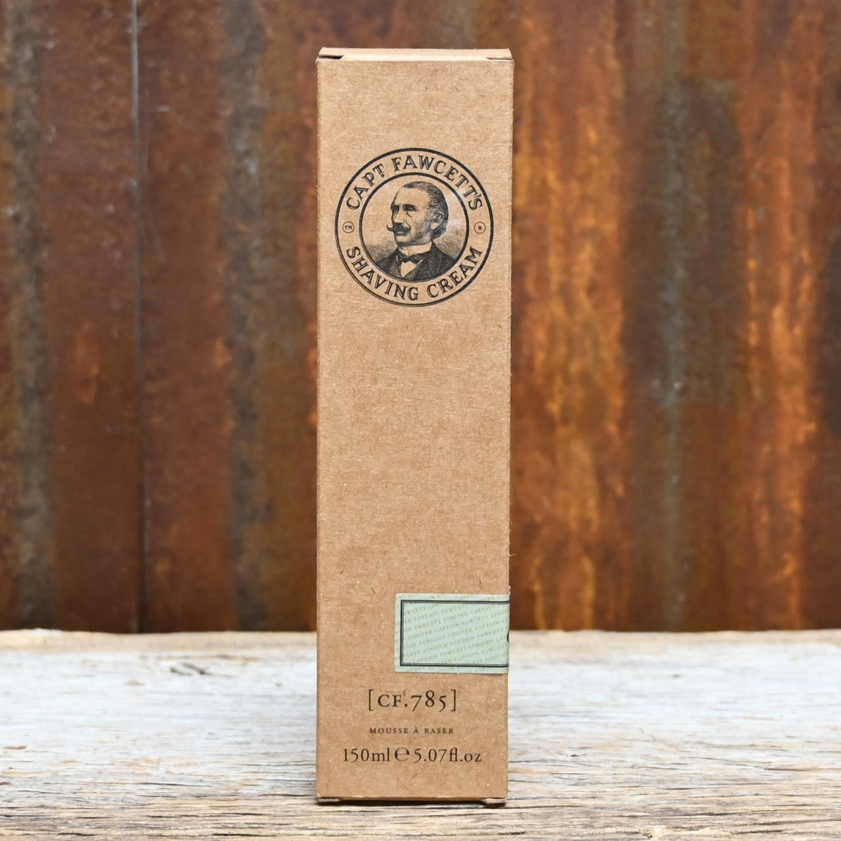 Captain Fawcett Expedition Reserve Shaving Cream tin with pine, tobacco, and sandalwood fragrance notes