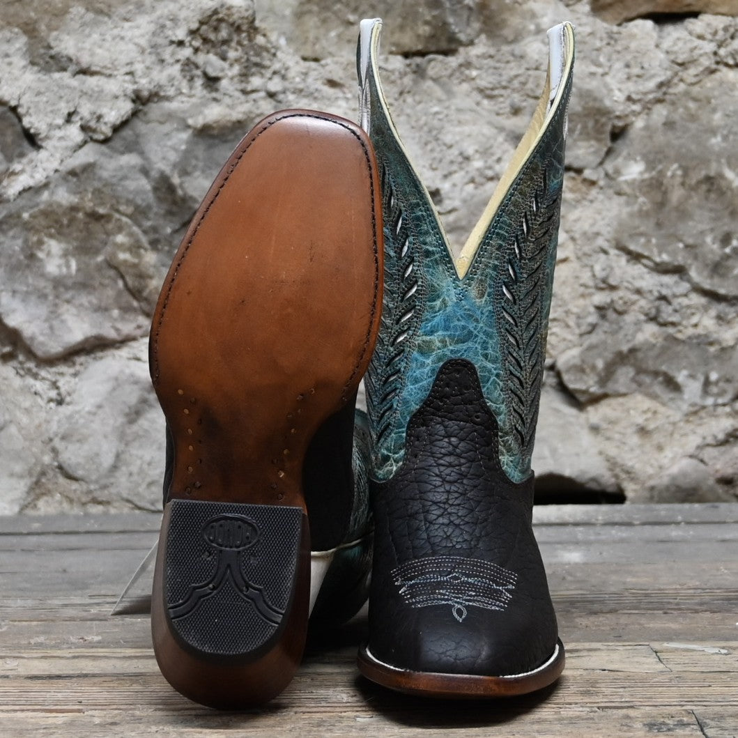 View of Hondo 12" cowboy boot with turquoise crater top, oiled bullhide vamp, narrow square toe, and spur ledge