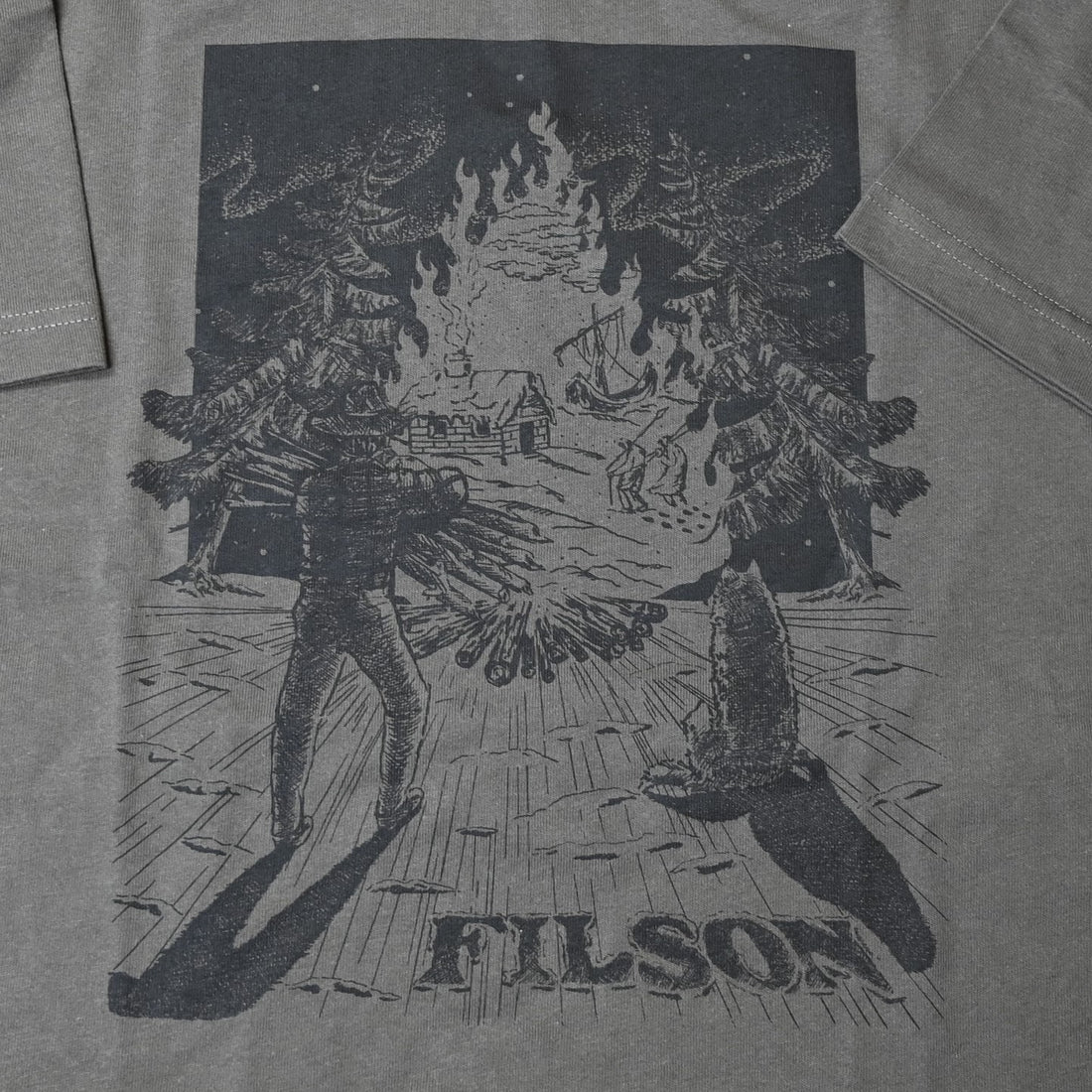 View of Filson S/S Frontier Graphic T in Tarmac/Vis, featuring custom flame graphics and a durable rib-knit collar