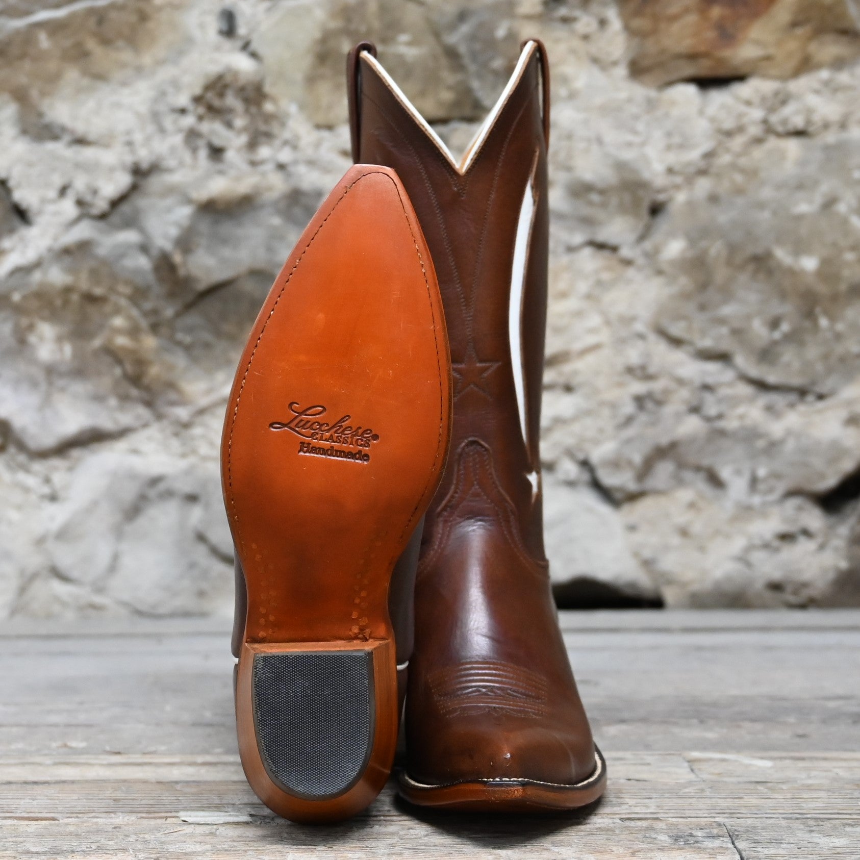 Lucchese Ladies 12-inch honey calf leather boot with shooting-star inlay and pointed square toe