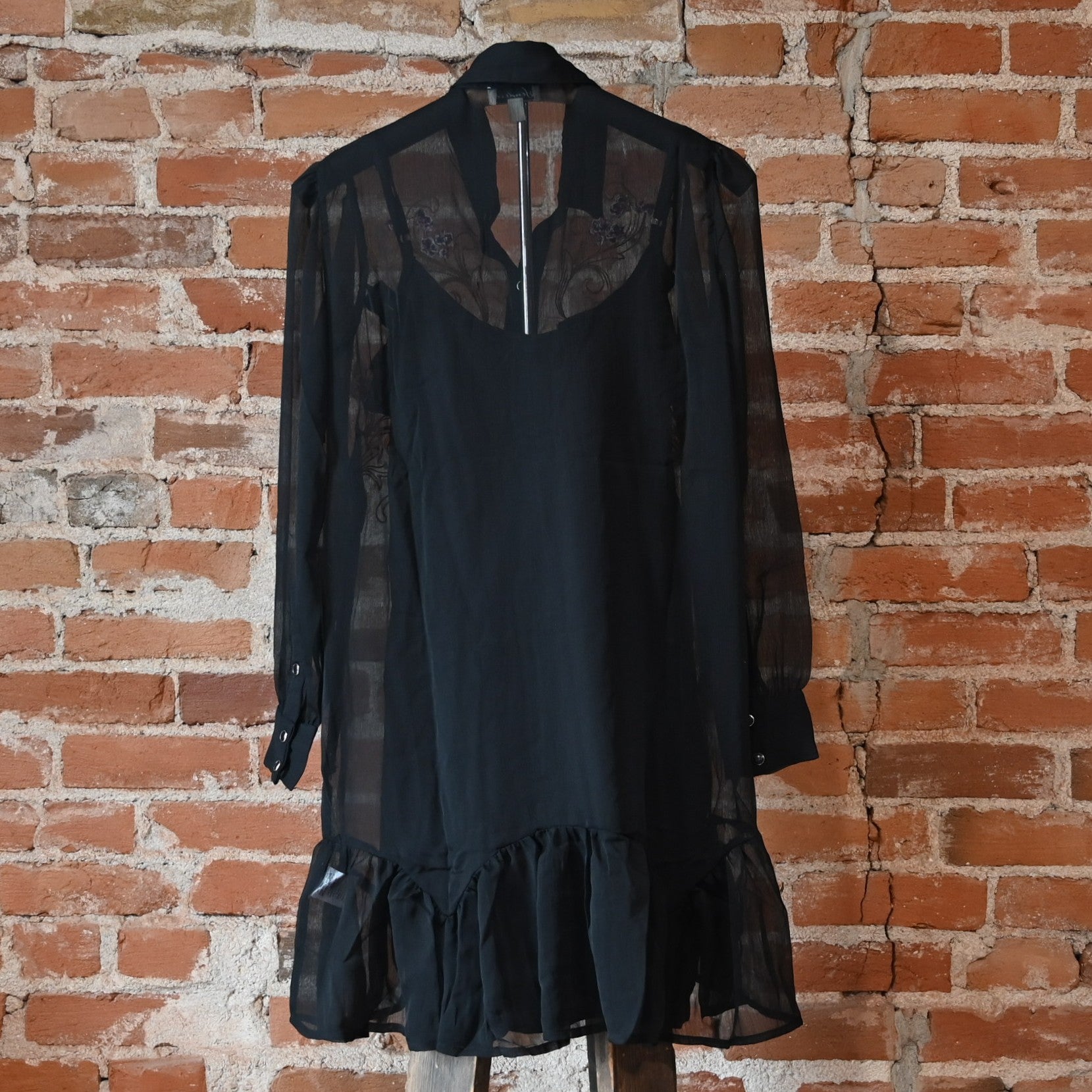 Mini Piper Western Dress with floral embroidery, sheer polyester overlay, and pearl snap closure