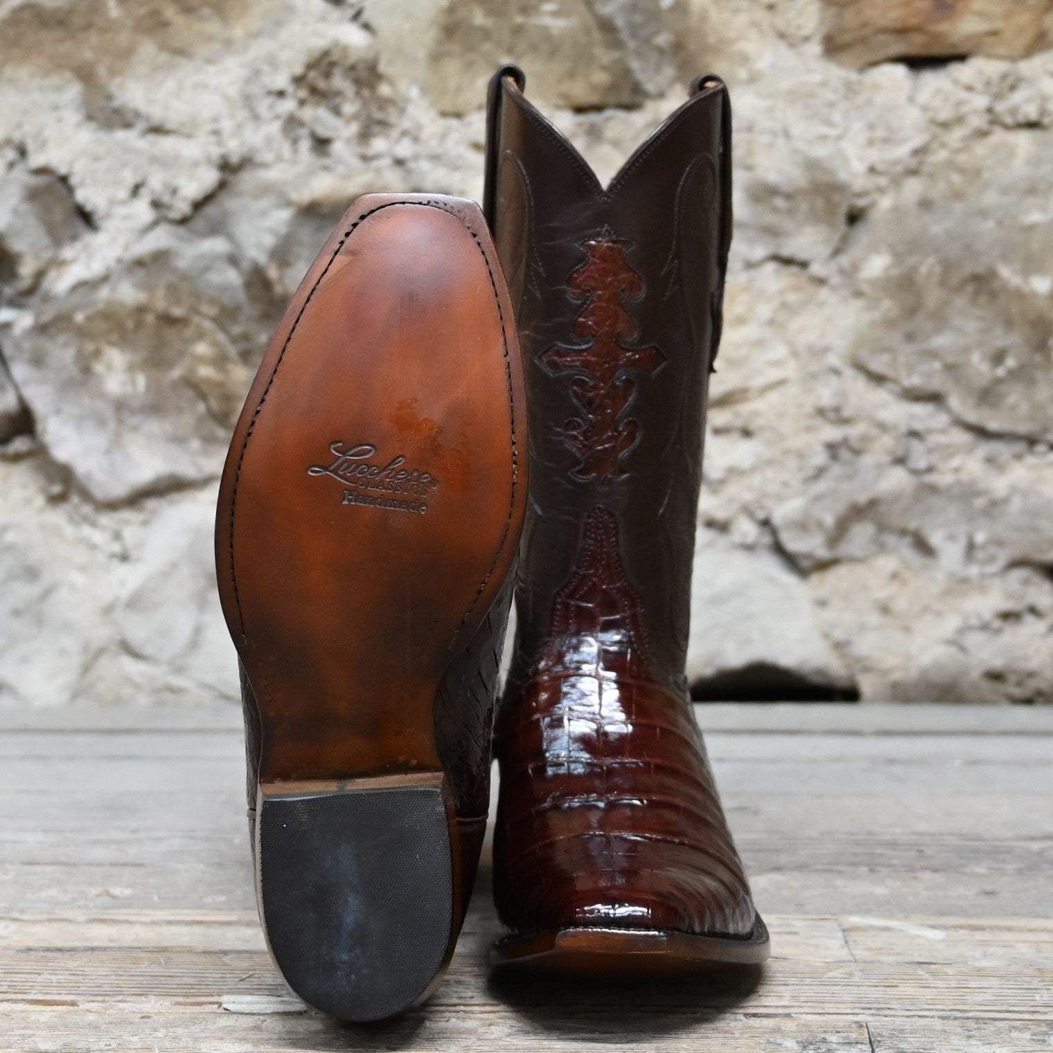 Lucchese Men’s 12-inch tall boot in pony brown buffalo leather and sienna crocodile, Western heel and premium finish