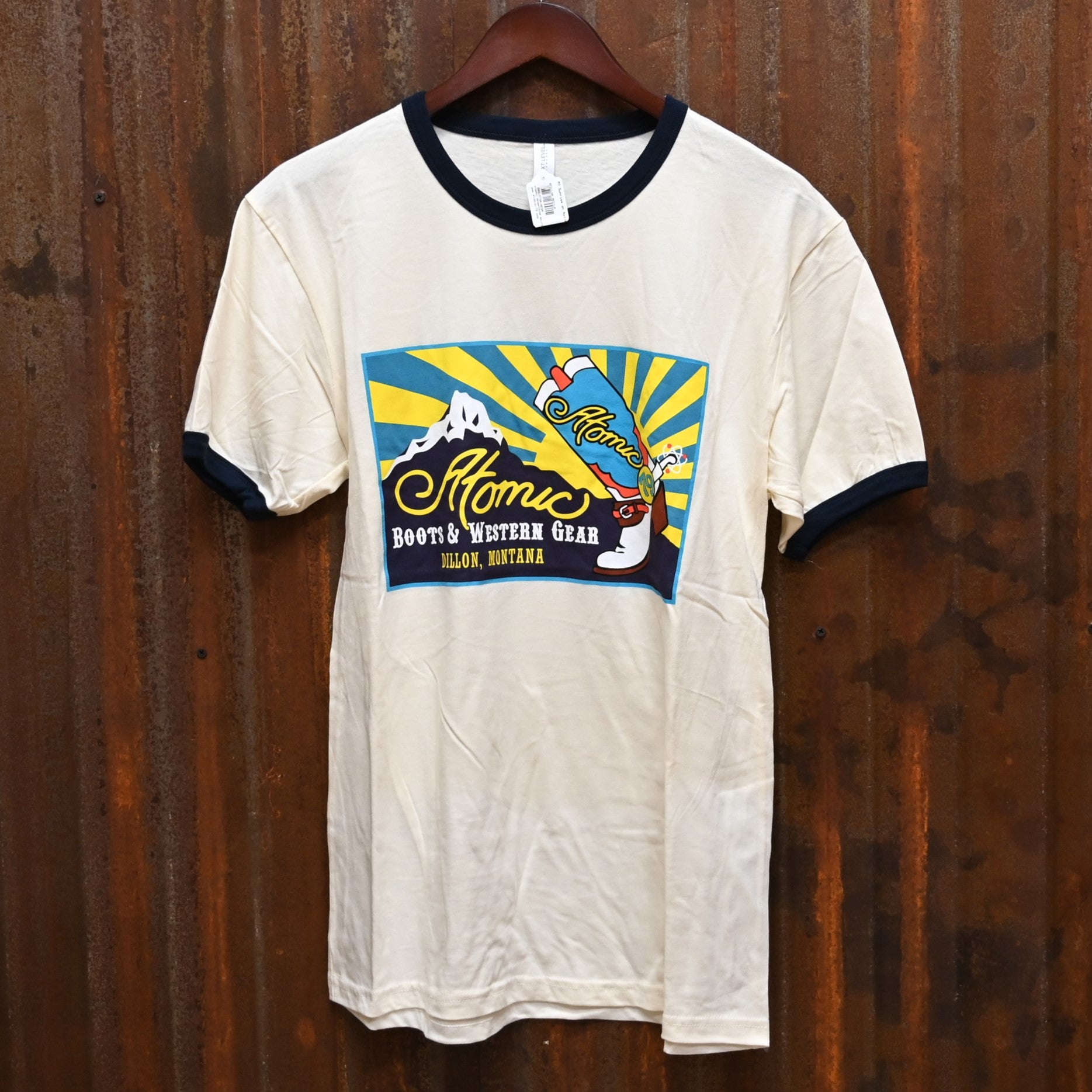 MT Sunrise on Nat-Navy- unisex view of tee