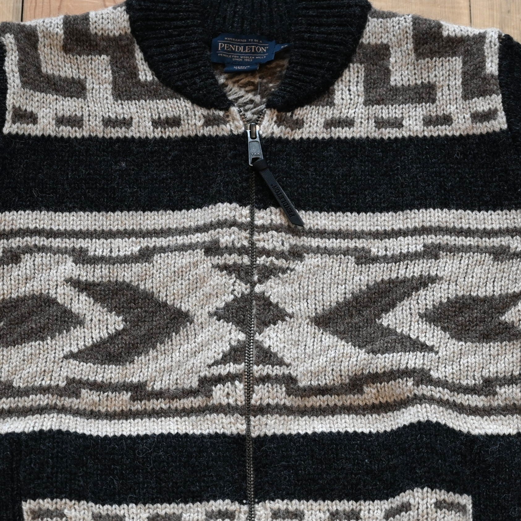 View of Pendleton Shetland zip sweater in Oxford Grey Multi with jacquard pattern and side pockets