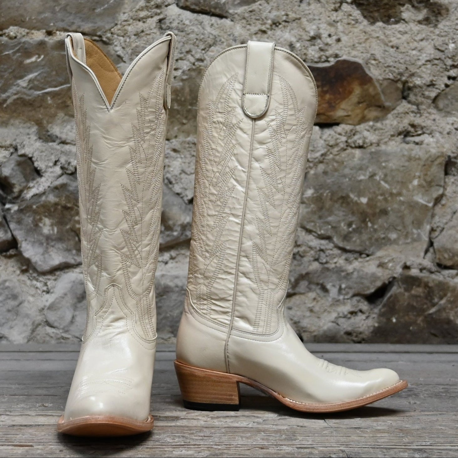 View of Macie Bean 15″ “Spacey Gracey” boot in Vanilla Hotshot leather with almond toe and City Girl heel