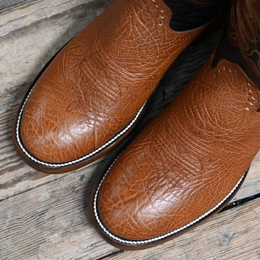 View of Hondo 16" cowboy boot with black volcano top, walnut Spanish shoulder vamp, W toe, and pull holes