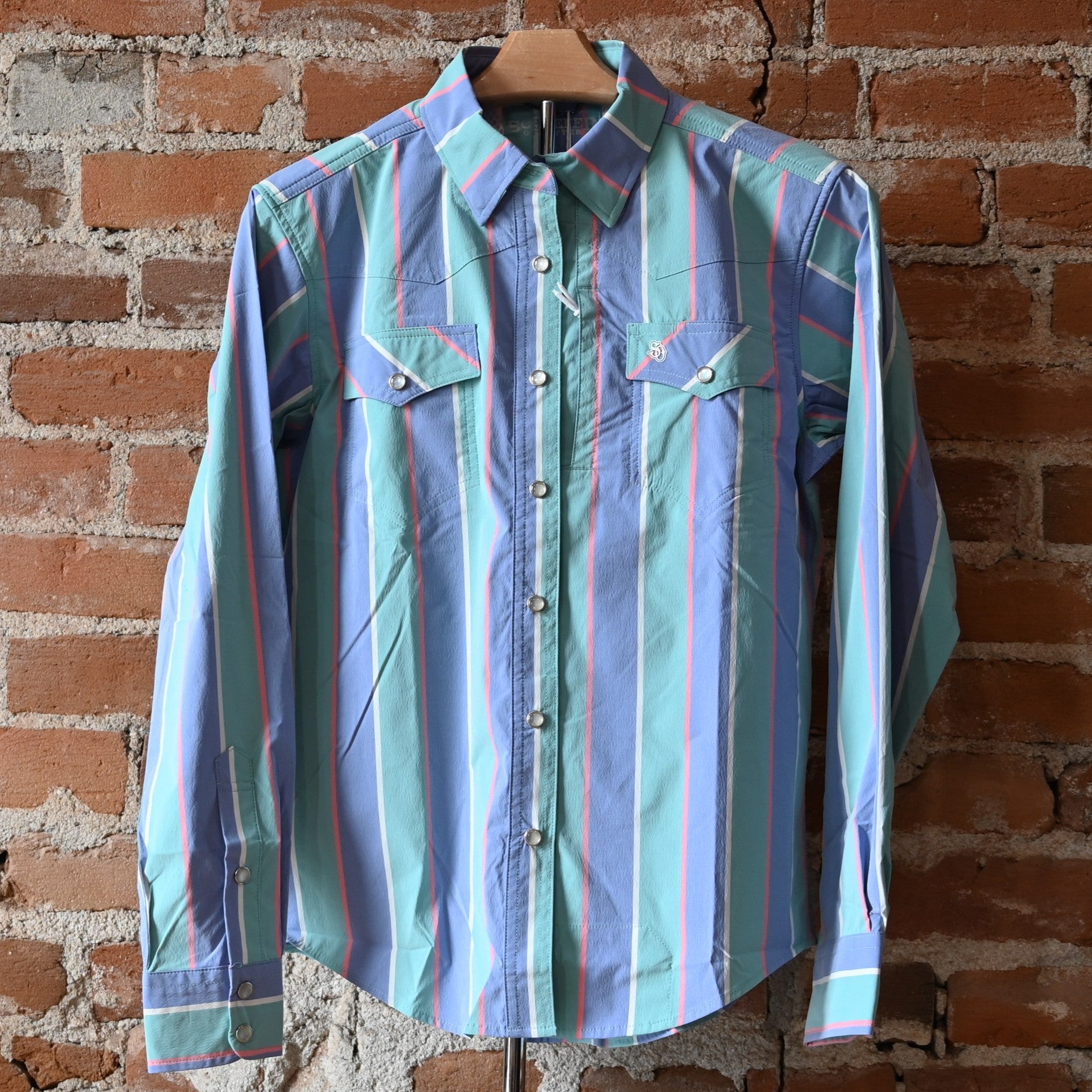 View of Schaefer ladies Marathon plaid Range Tek shirt with blue and green tones, mesh back vent, and snap pockets