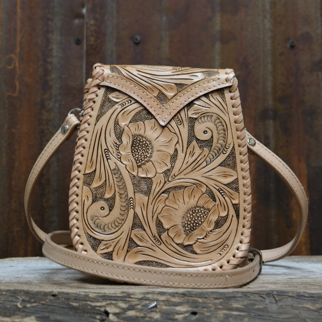 Que Chula Chiquita natural tooled leather crossbody purse with floral Western tooling