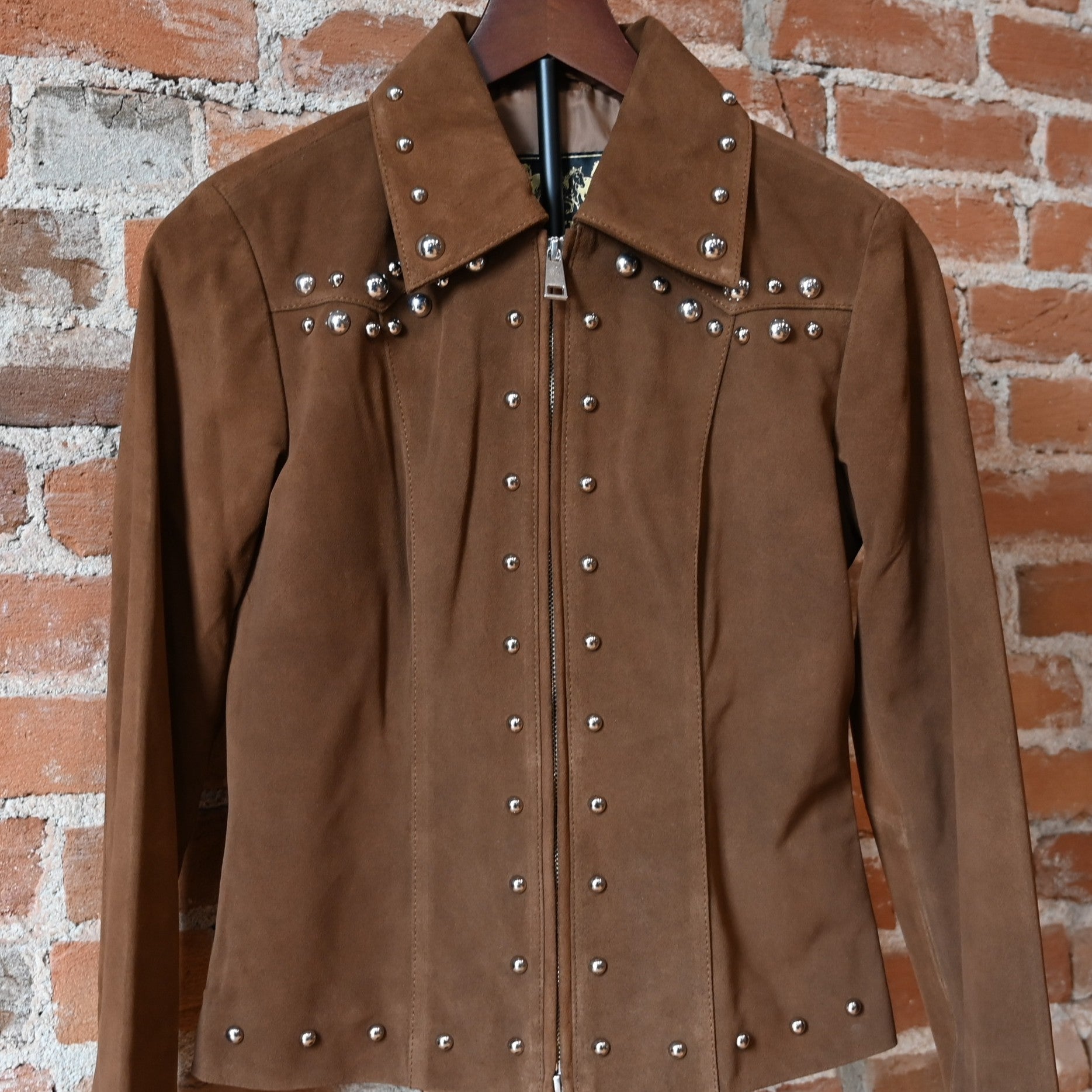 Schaefer ladies pecan studded suede jacket with zip front and Western yoke detailing