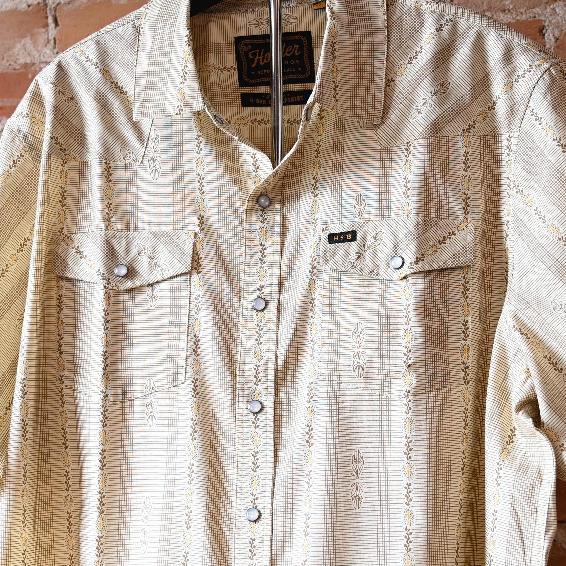 Howler Bros H Bar B Snapshirt — Prairie Garland Dust, short sleeve shirt, pearl snaps, Western styling