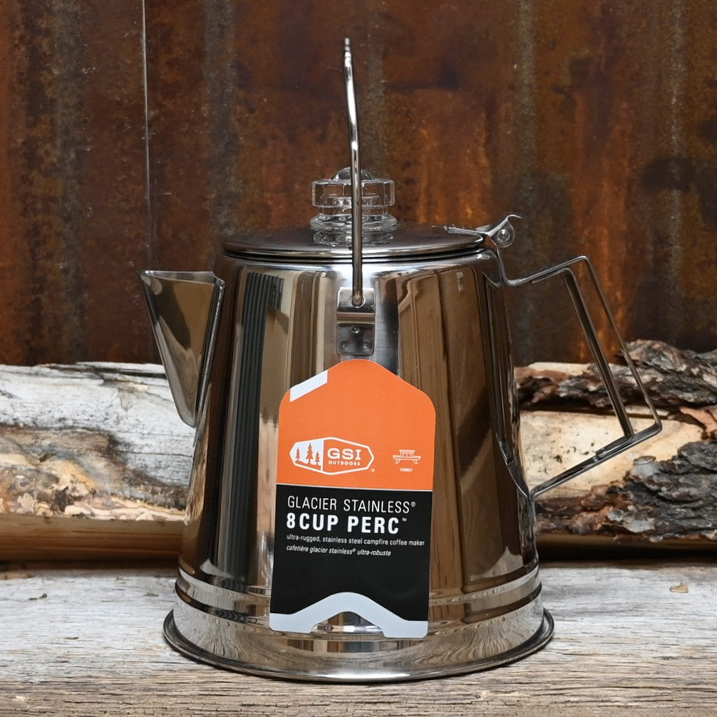 GSI Glacier Stainless Coffee Percolator 8 cup with clear lid knob and wire bail handle