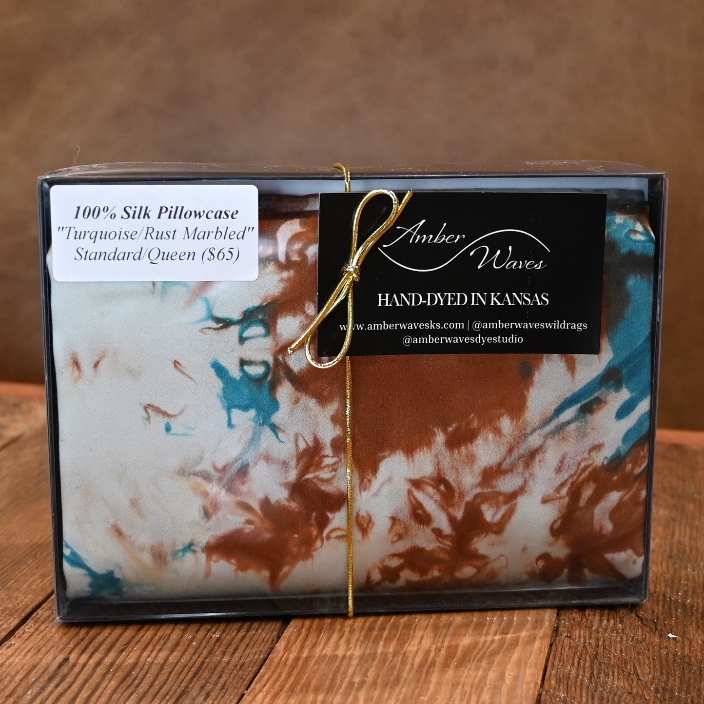 Amber Waves Queen Silk Pillowcase Hand Dyed in Turquoise and Rust Marble