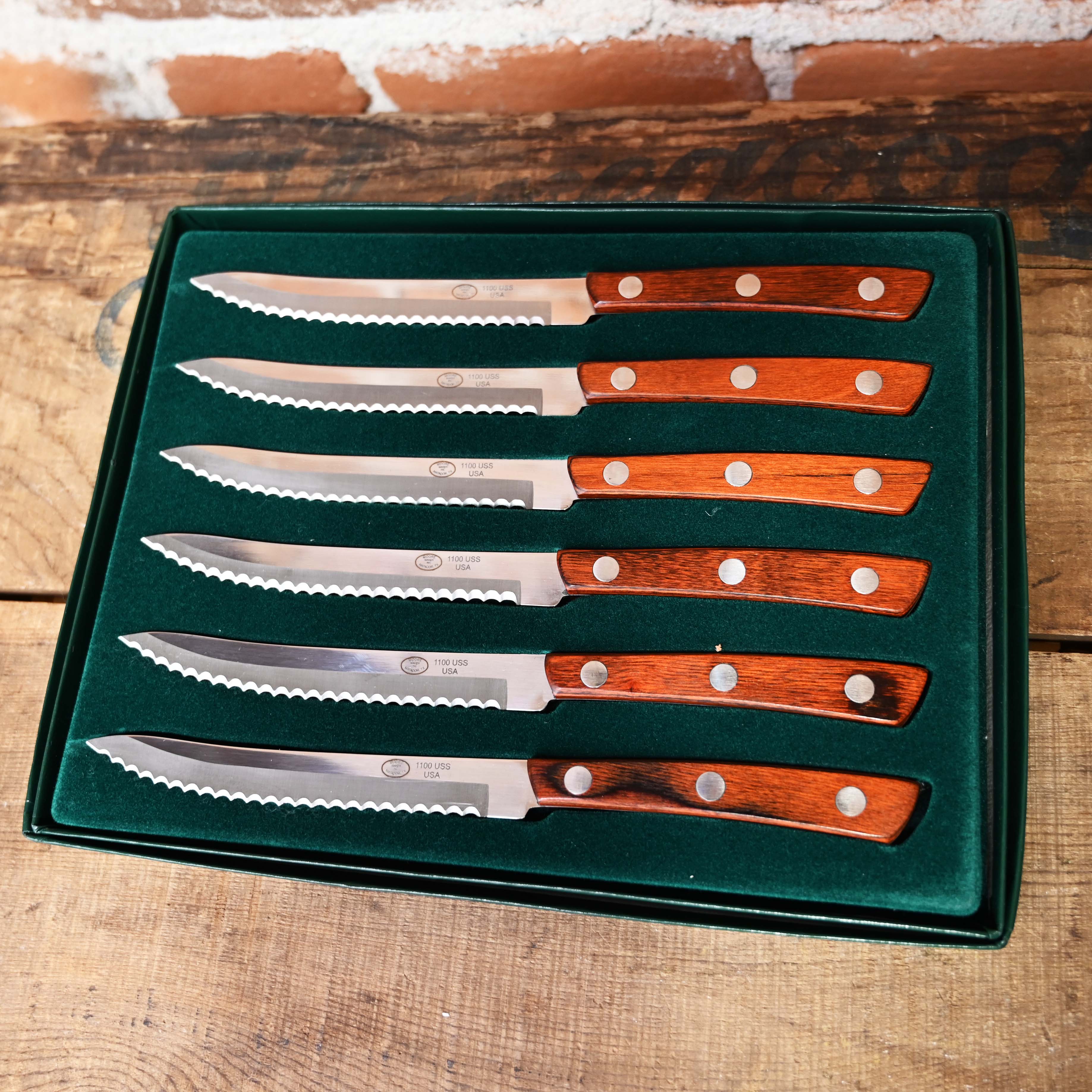 Moore Maker set of 6 steak knives with serrated stainless steel blades, rosewood handles, and gift box