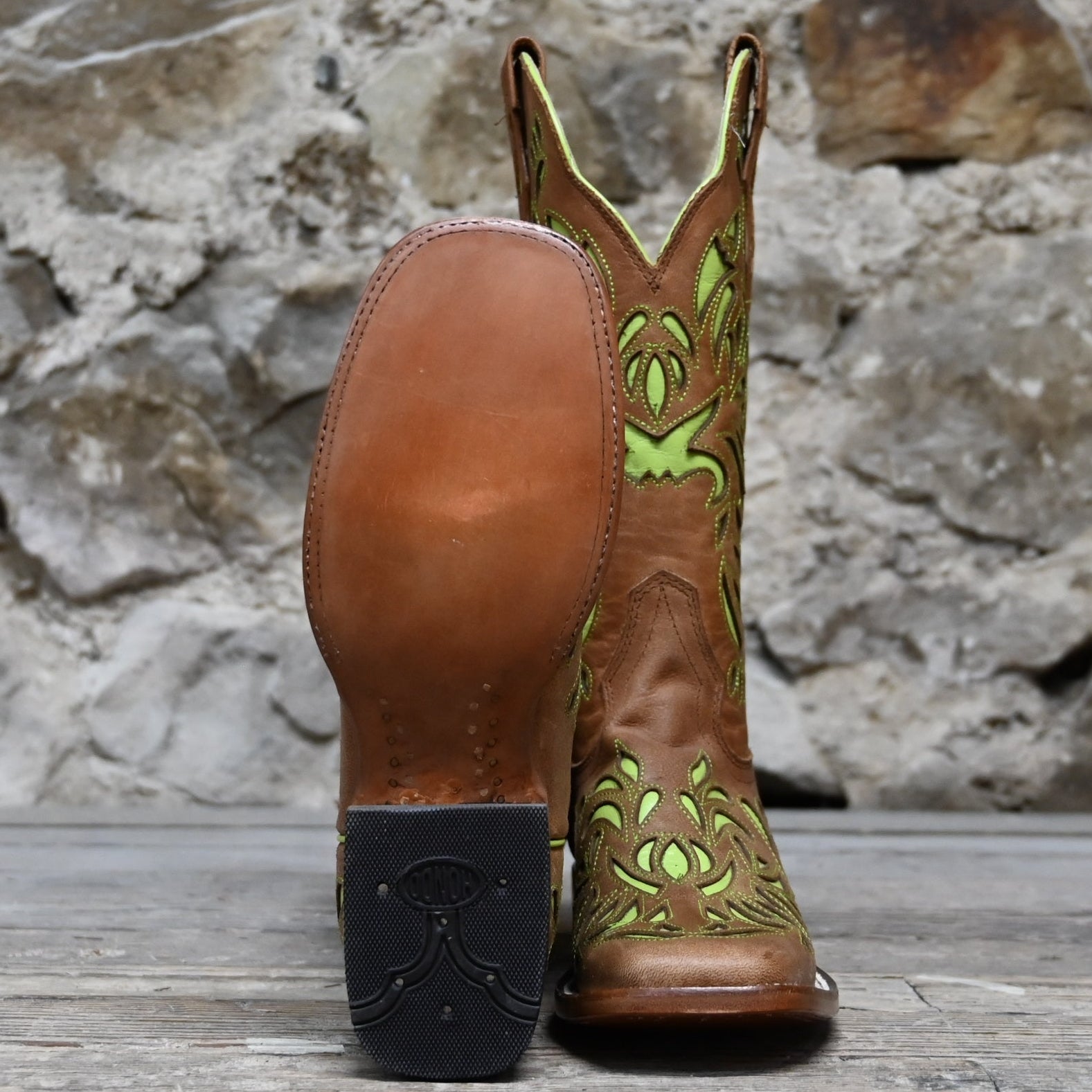 View of Hondo 13" cowboy boot in maple vintage leather with lime inlays and wide square toe