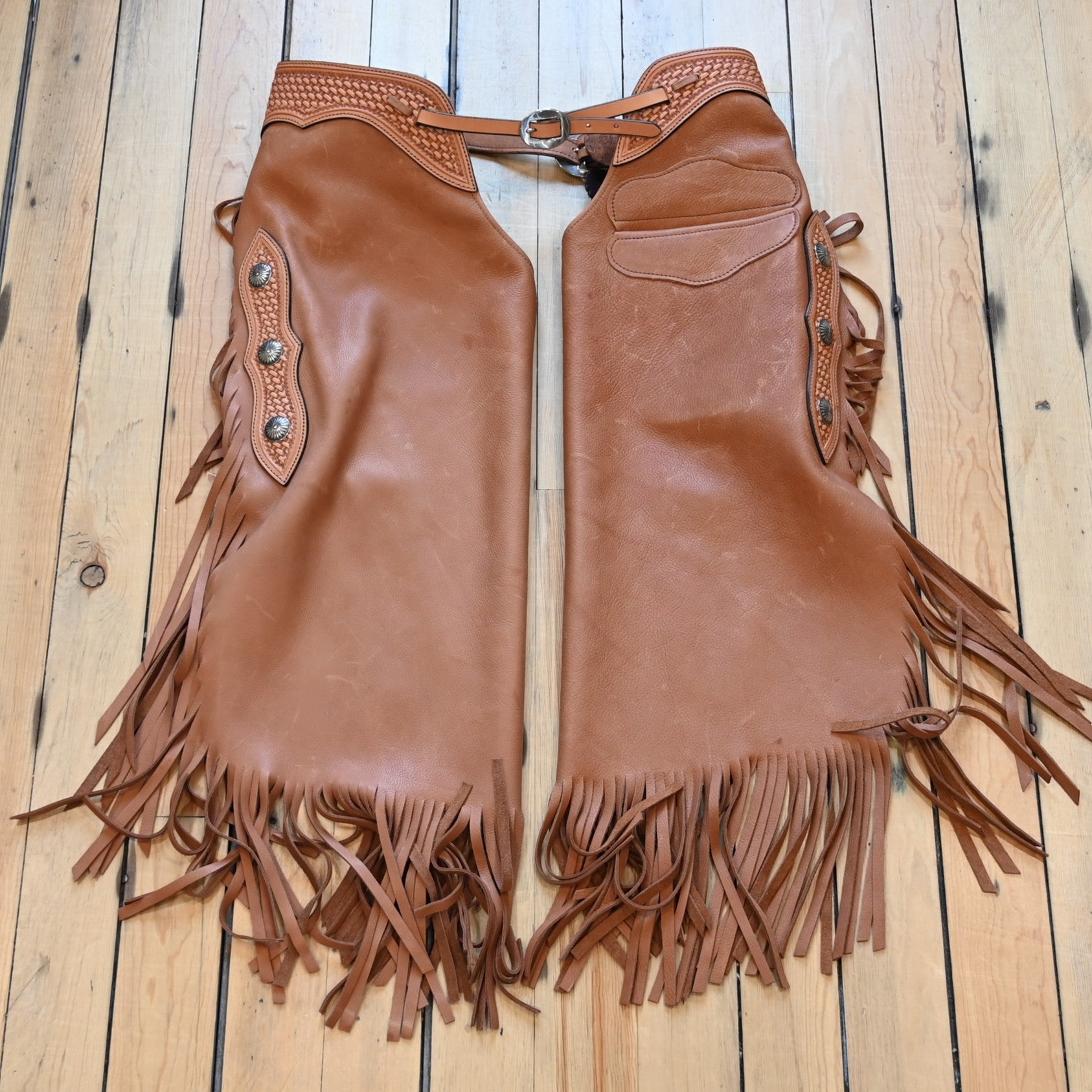 View of K Bar J Oil Tan Chinks with Basket Weave Top