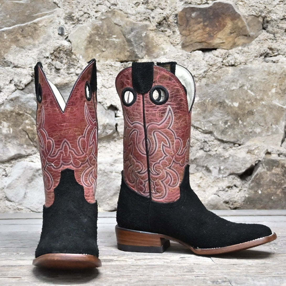 View of Hondo 11" cowboy boot with red crater top, black roughout vamp, wide square toe, and pull holes
