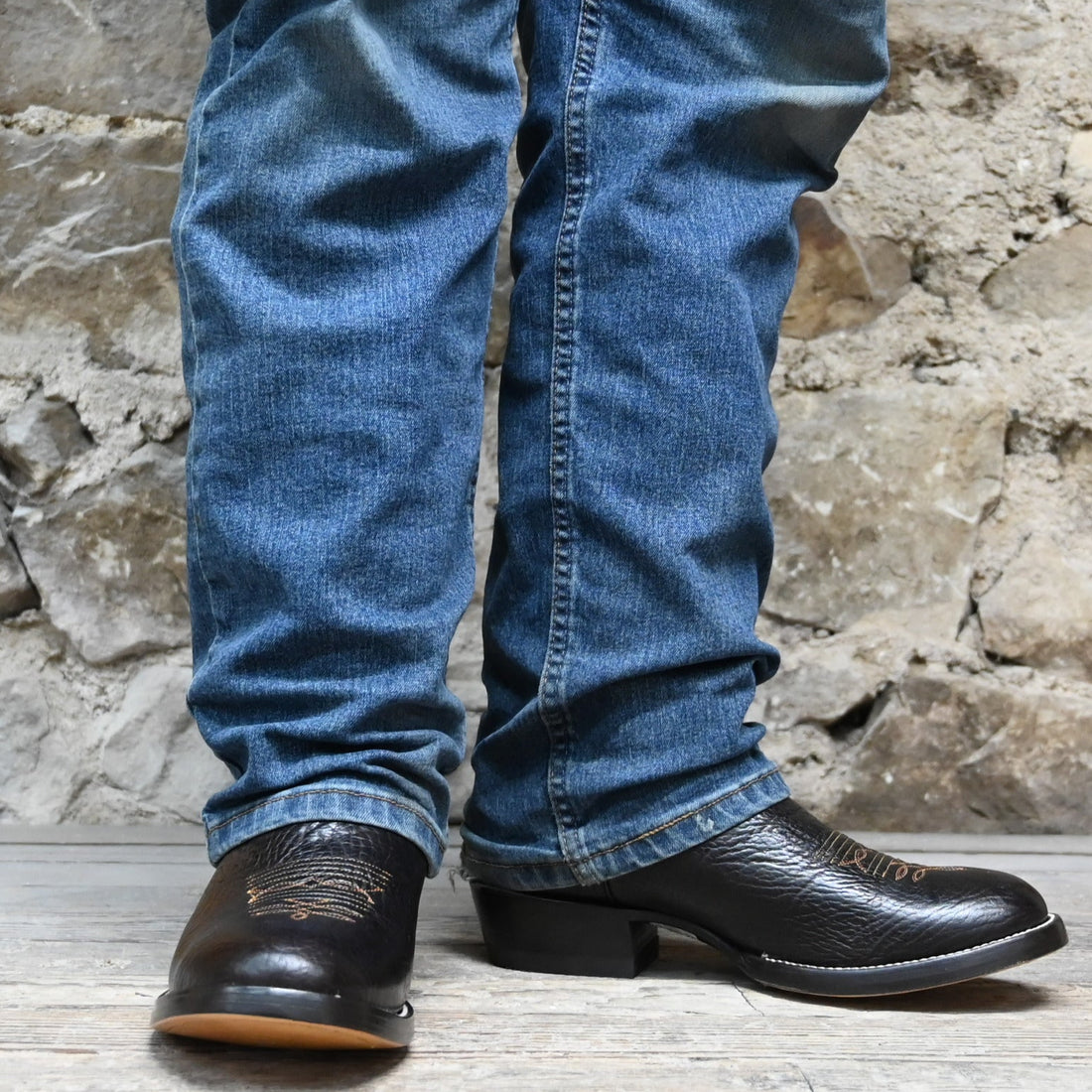 View of Hondo 13" cowboy boot with yellow top, brown shoulder vamp, and wide round toe