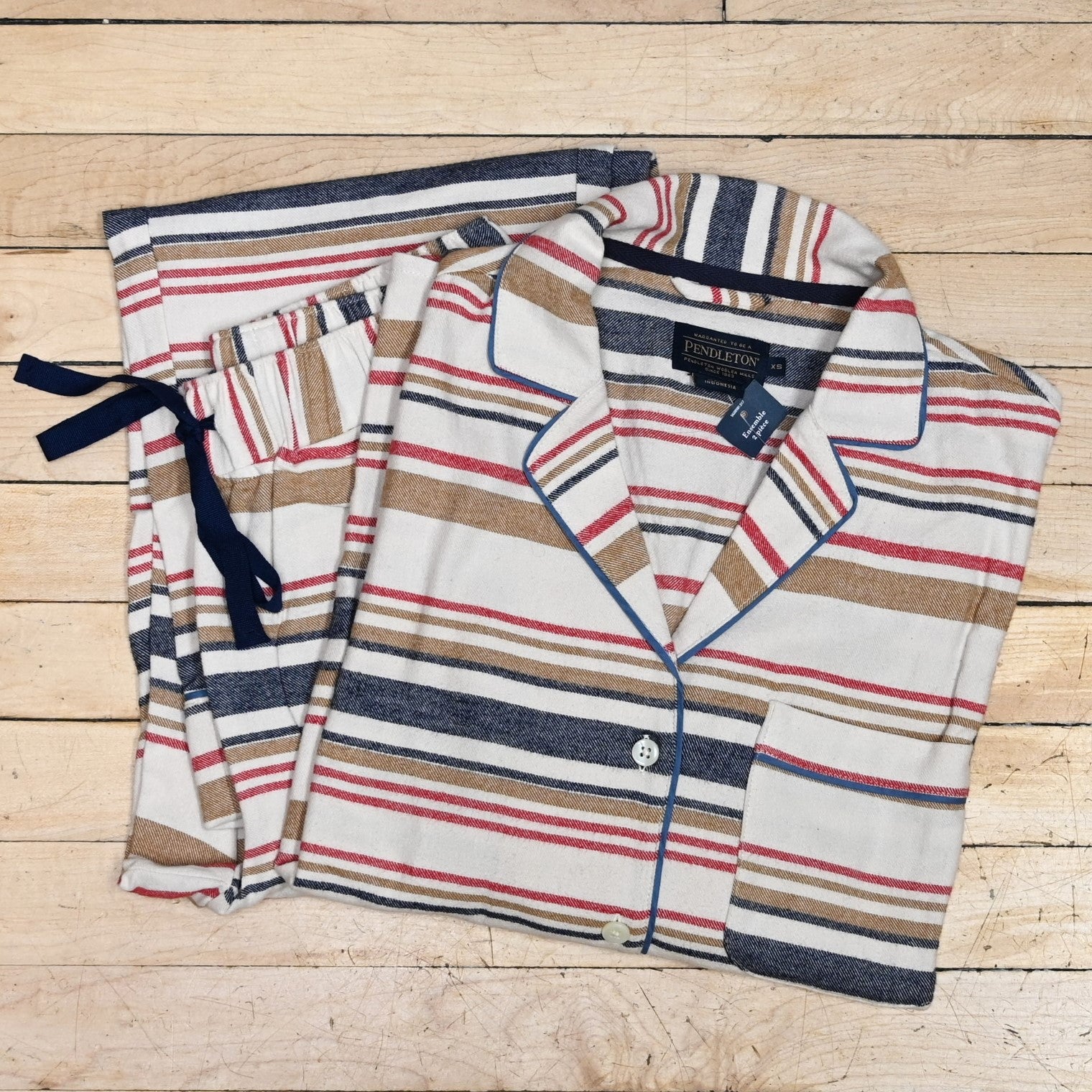 View of Pendleton ladies cotton pajama set in Ivory Scout Stripe—lightweight, soft two-piece with button top and relaxed-fit drawstring pants