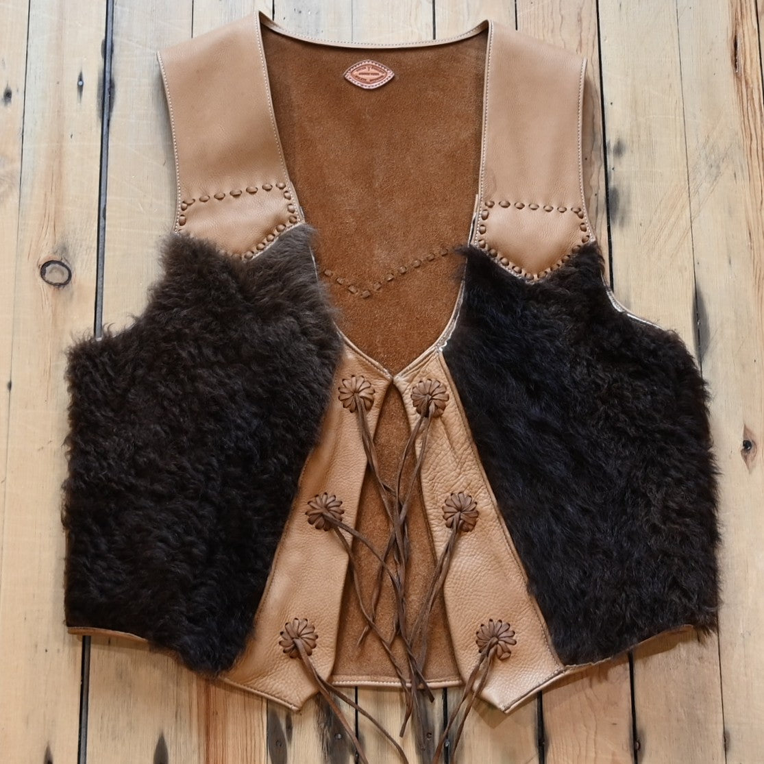 Rockin Y Saddlery hair-on bison leather vest with natural hide texture