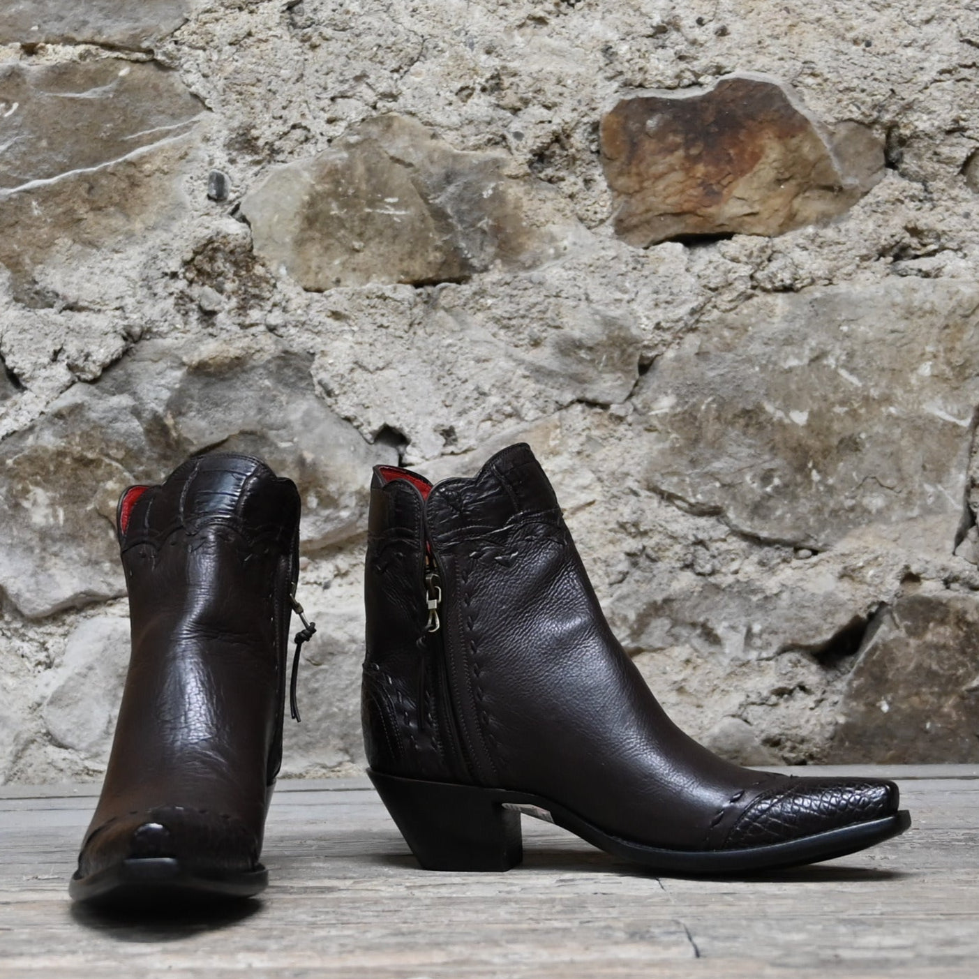 View of Stallion Ladies Zorro zip boot in chocolate calf with alligator wingtip and buckstitching