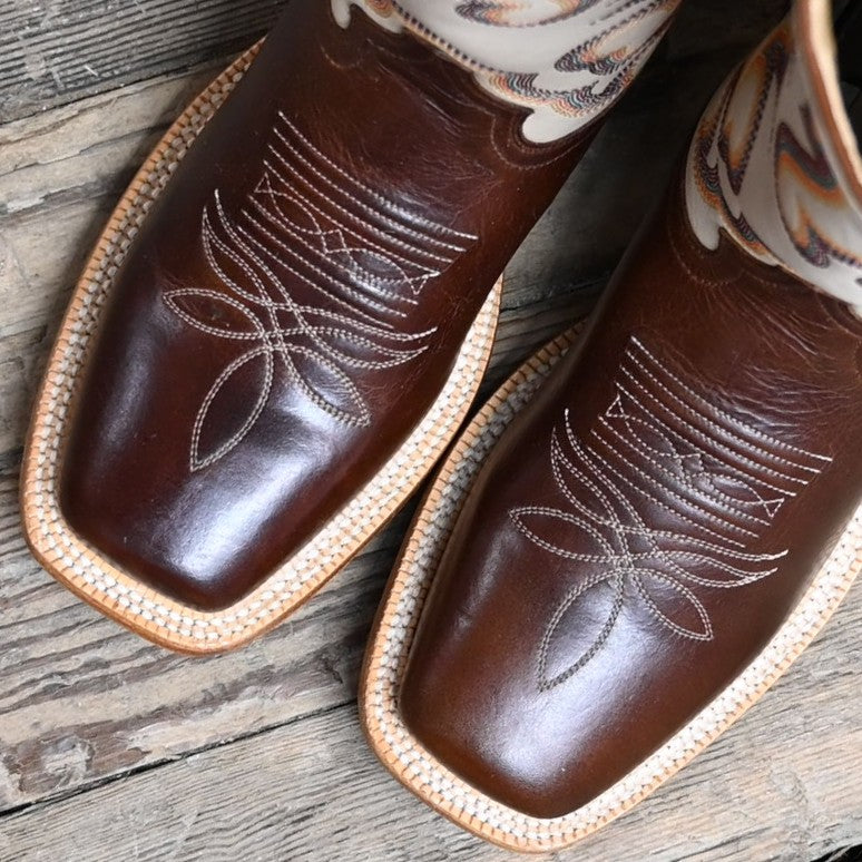 Hyer Augusta 13″ boot with metallic bone cowhide top and saddle tan vamp, square toe and leather heel