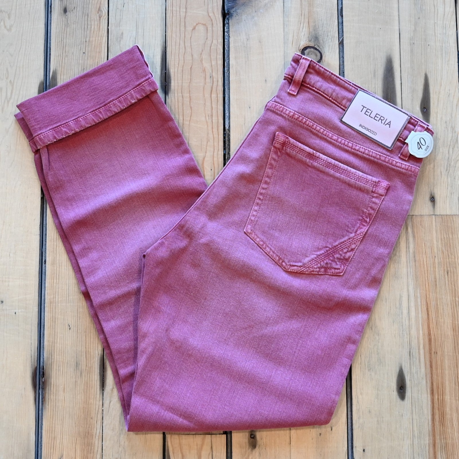 Teleria Zed 5 Pocket Jeans in Fragola soft Italian strawberry red denim with classic five-pocket design