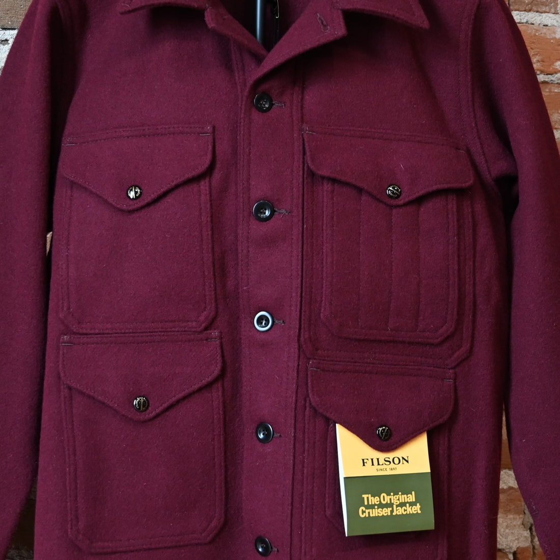 Filson 1940s Mackinaw Wool Cruiser jacket in wine with four cargo pockets and back map pocket