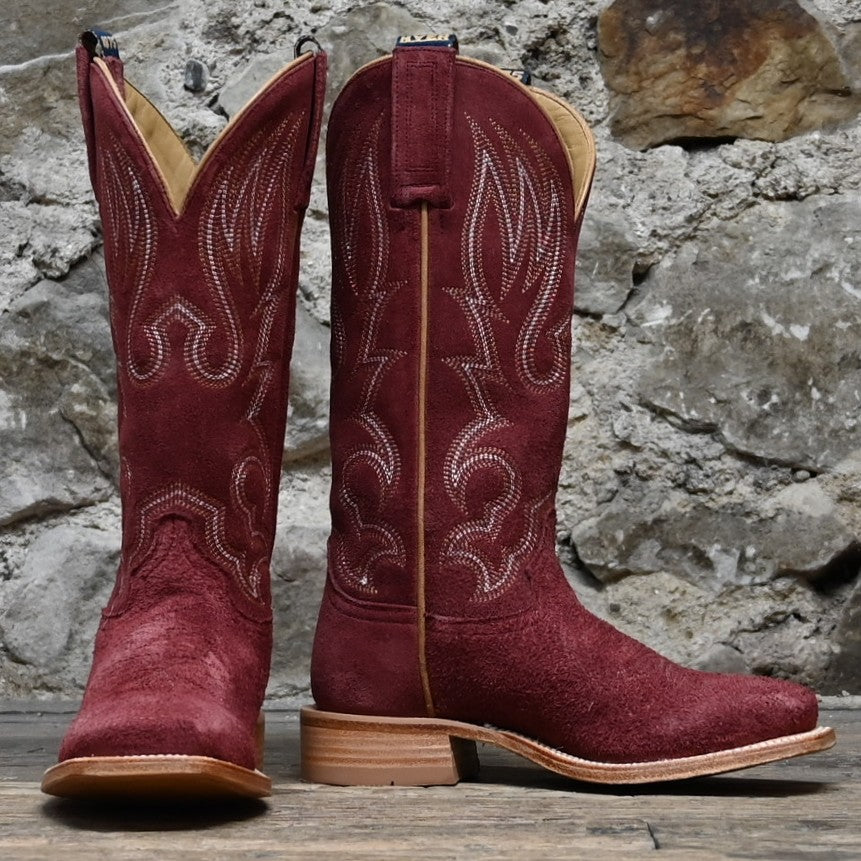 Hyer Augusta 13″ boot in burgundy roughout on shaft and vamp, square toe and leather heel