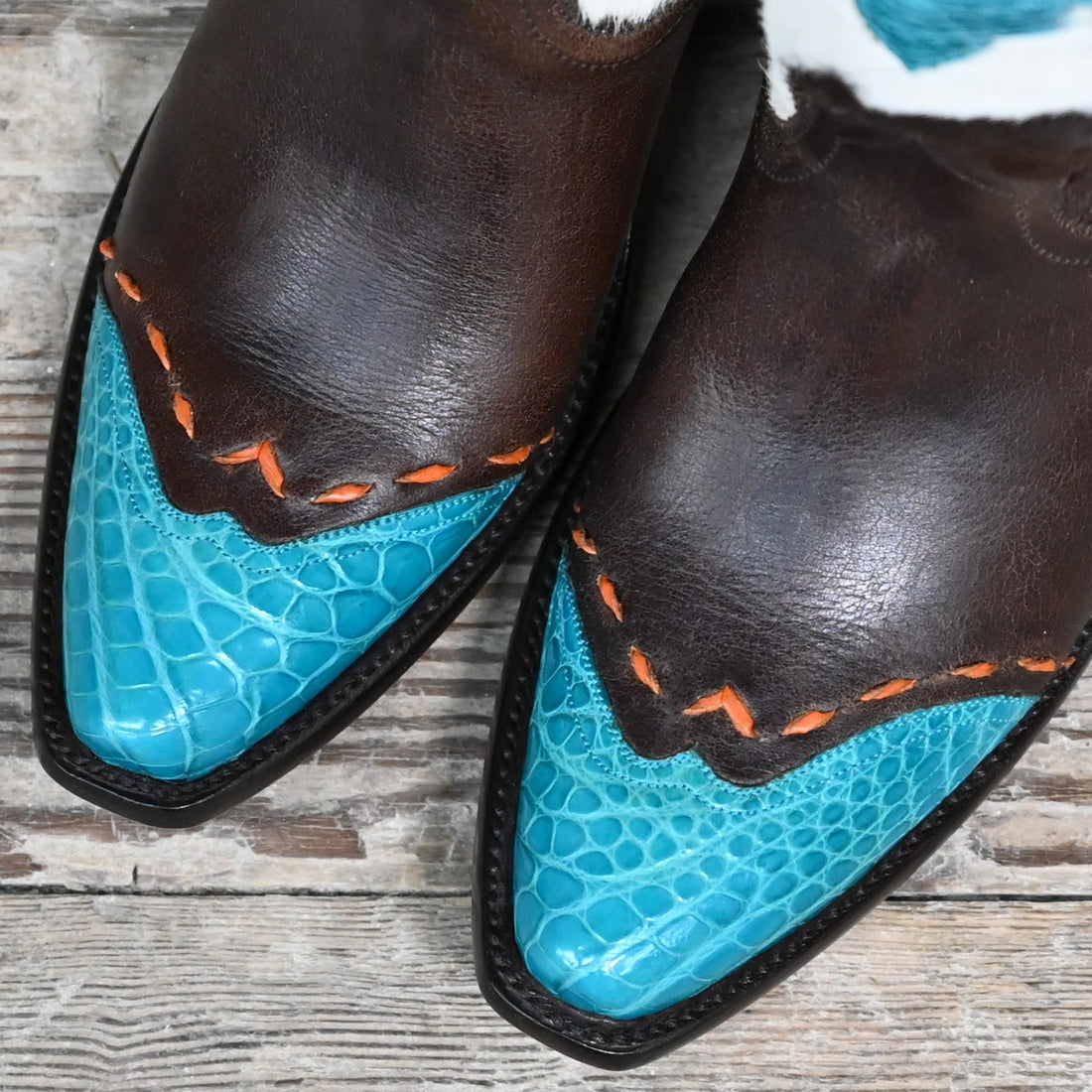 View of Stallion Ladies 9" hair-on Peewee boot with turquoise croc wingtip and 1.75" heel